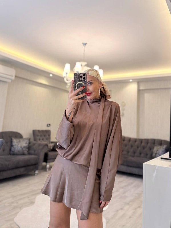Kahve Saten Elbise - 1146