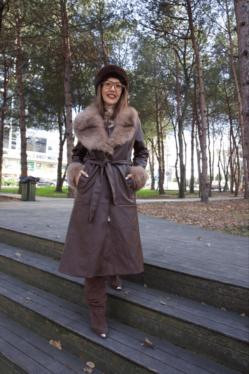 Kahverengi Kürklü Deri Trench - 1123
