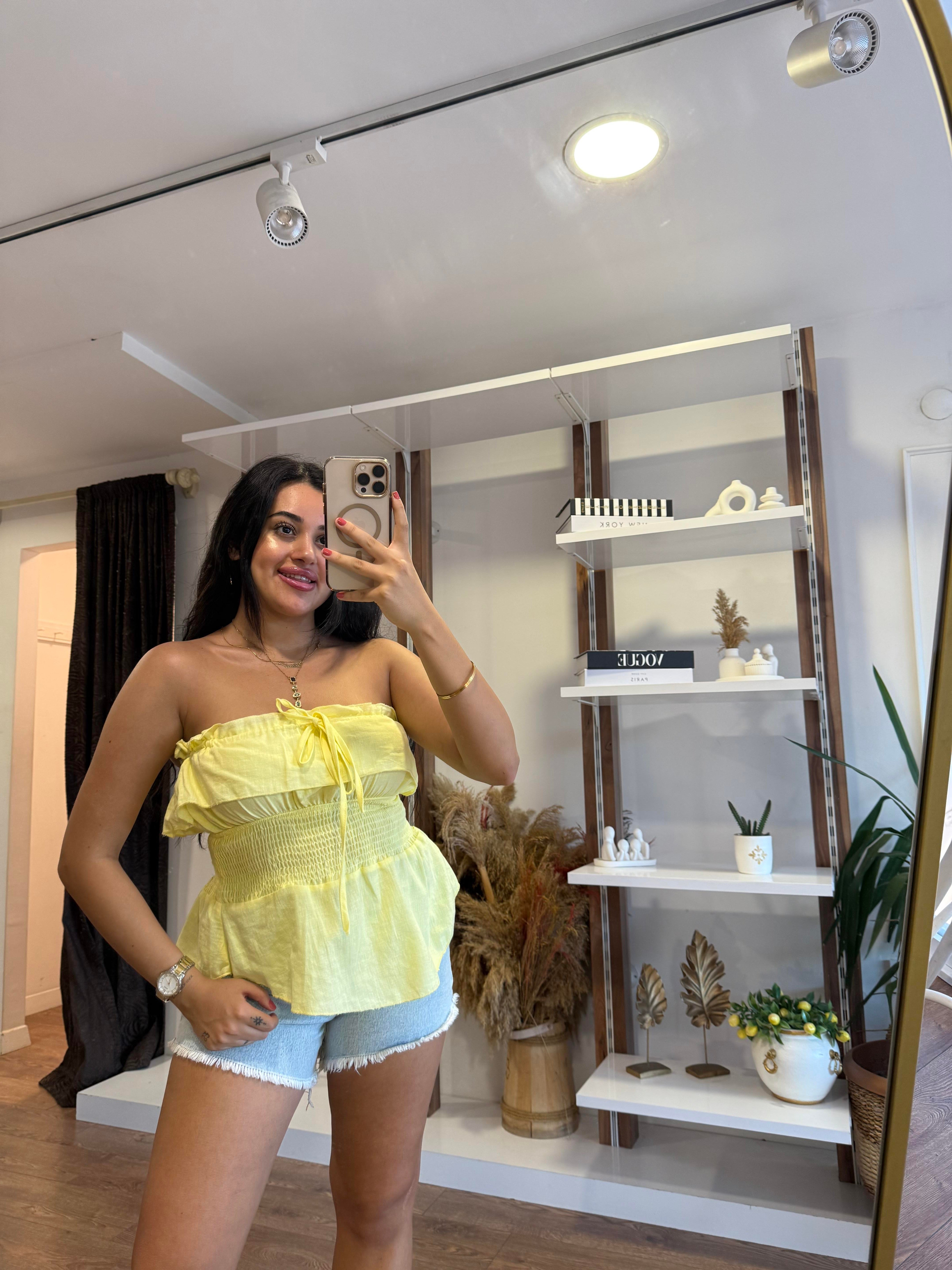 Sarı Straplez Bağcıklı Bluz - 1182