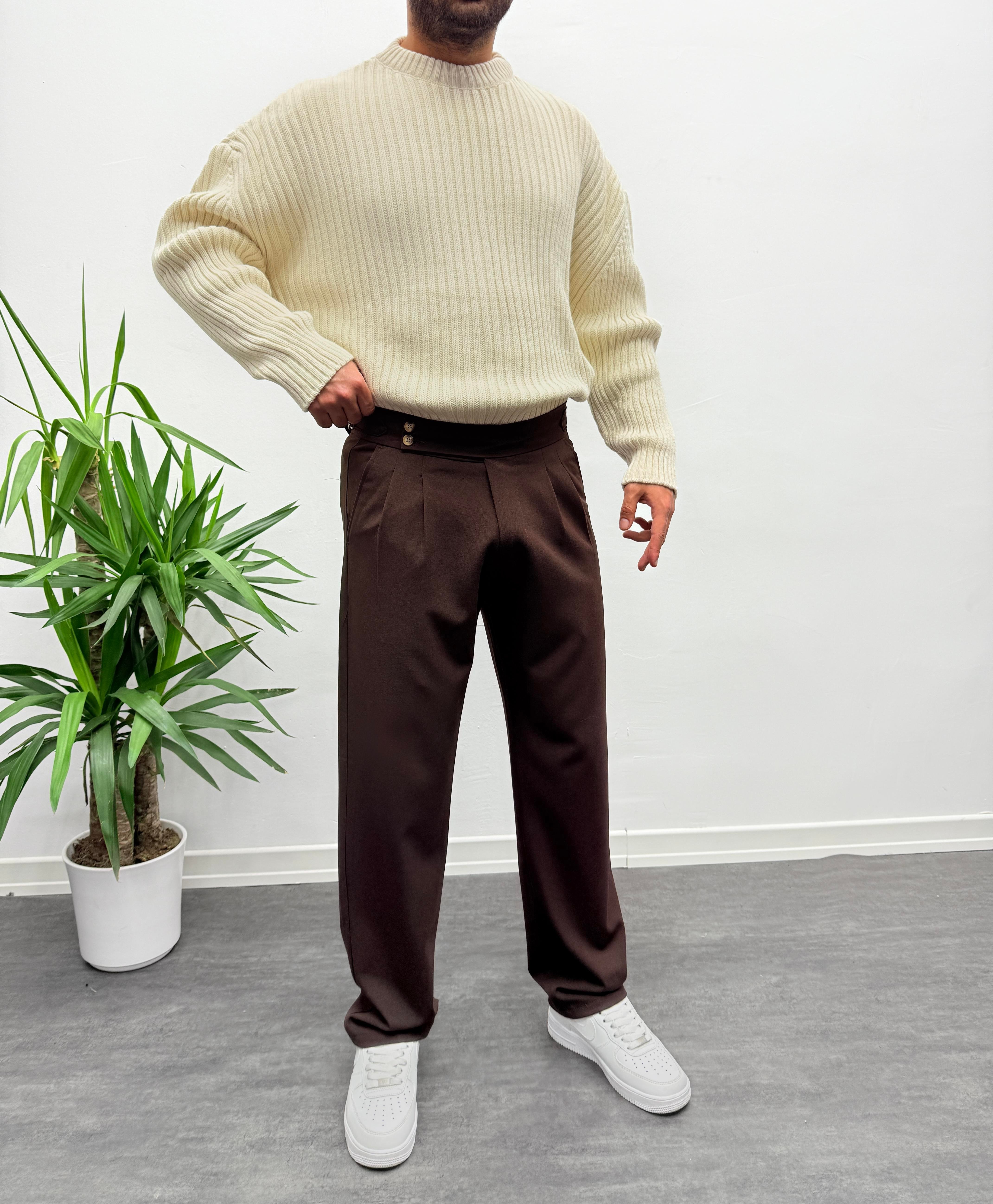 Acı Kahve Çift Toka Detaylı Baggy Kumaş Pantolon