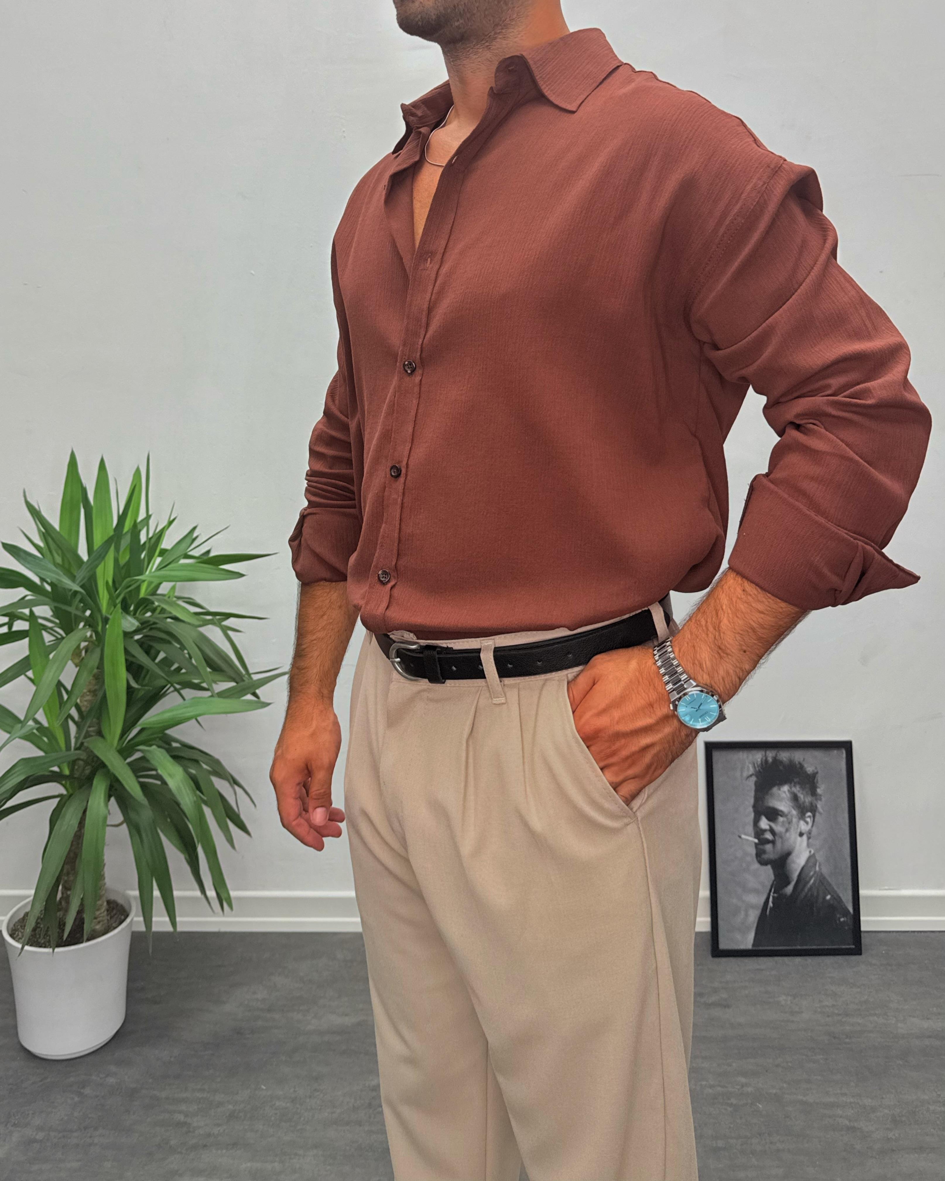 Acı Kahve Krinkıl Kumai Oversize Gömlek