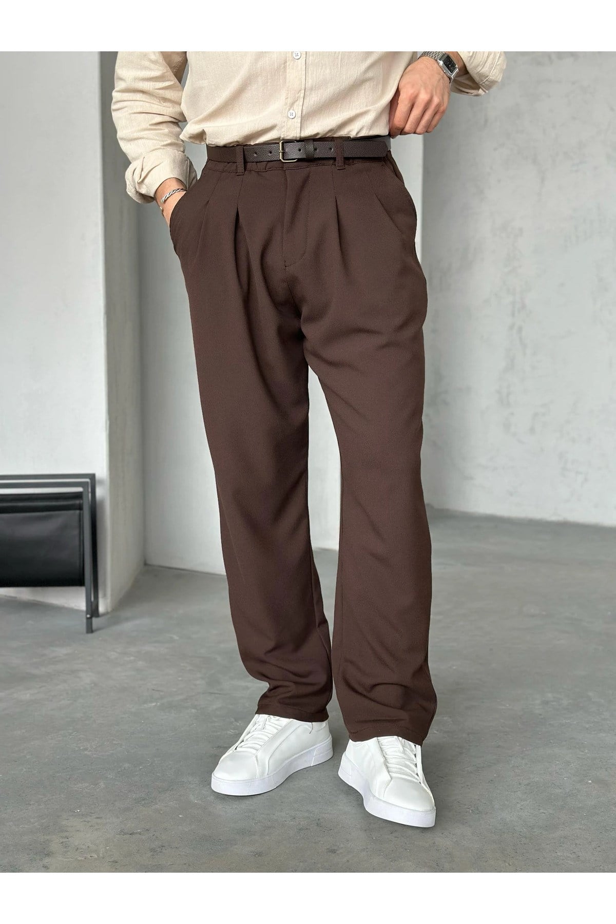 Acı Kahve Pileli Baggy Kumaş Pantolon