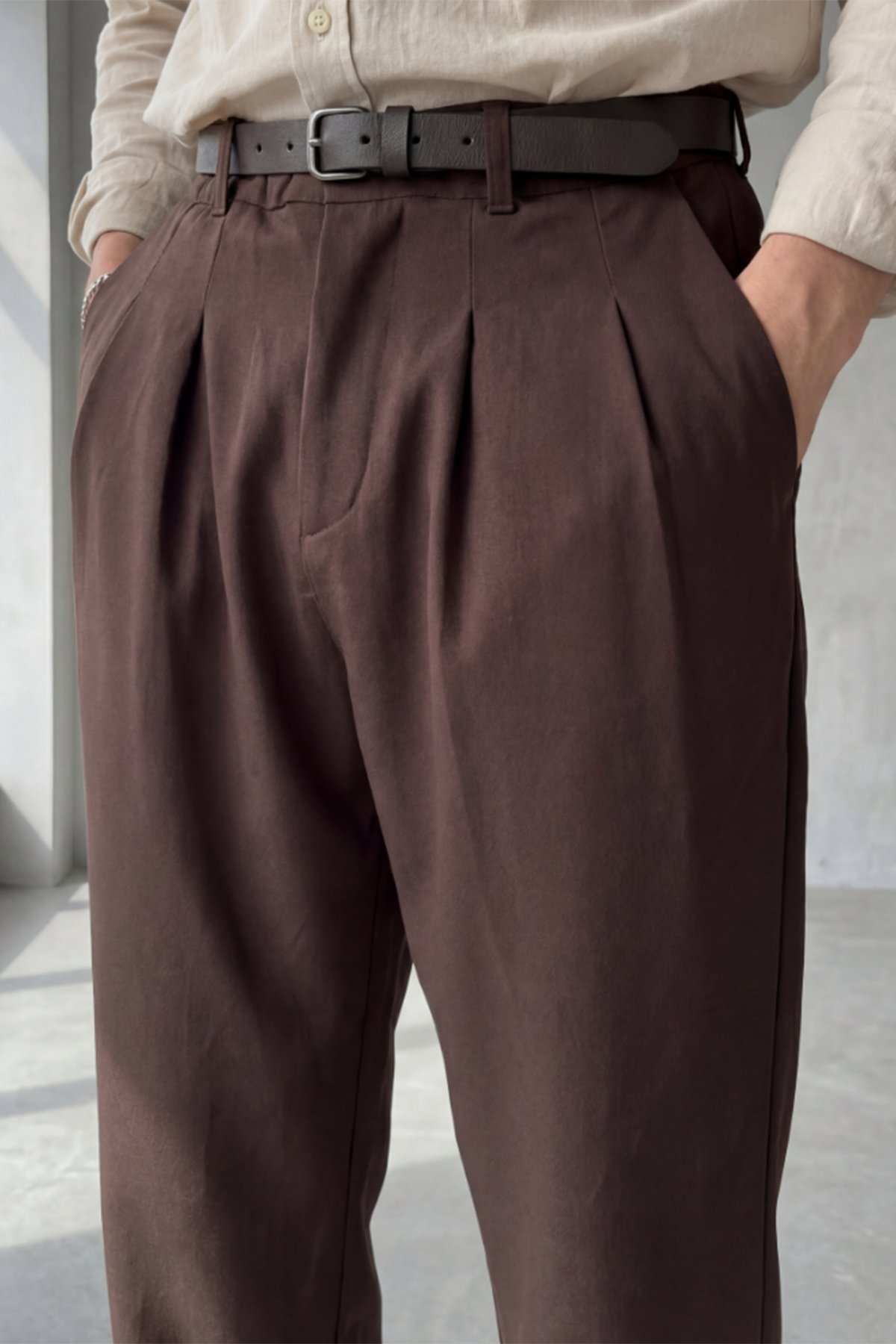 Acı Kahve Pileli Baggy Kumaş Pantolon