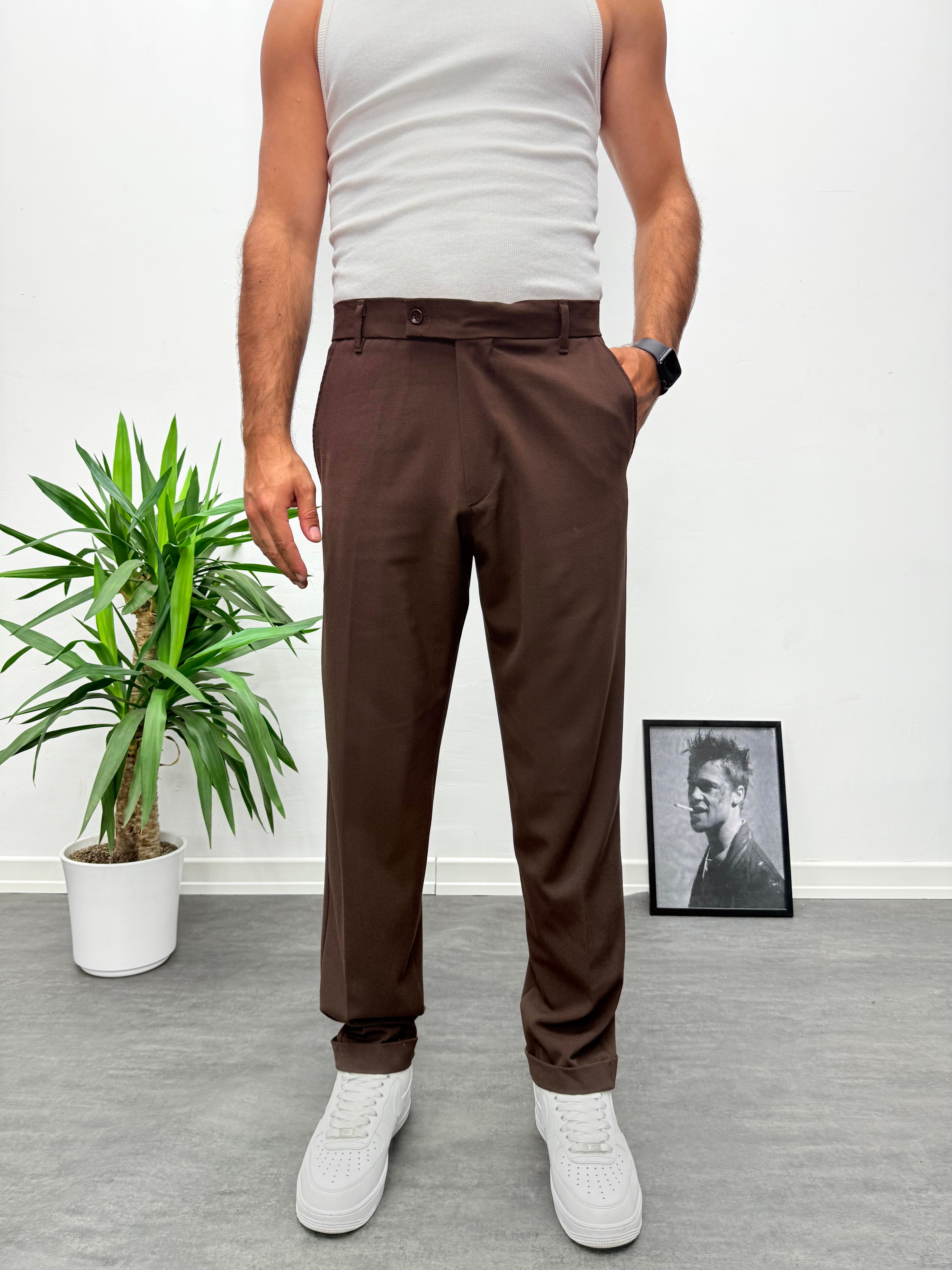 Acı Kahve Premium Kalite Bel Lastikli Duble Paça Gabardin Kumaş Pantolon