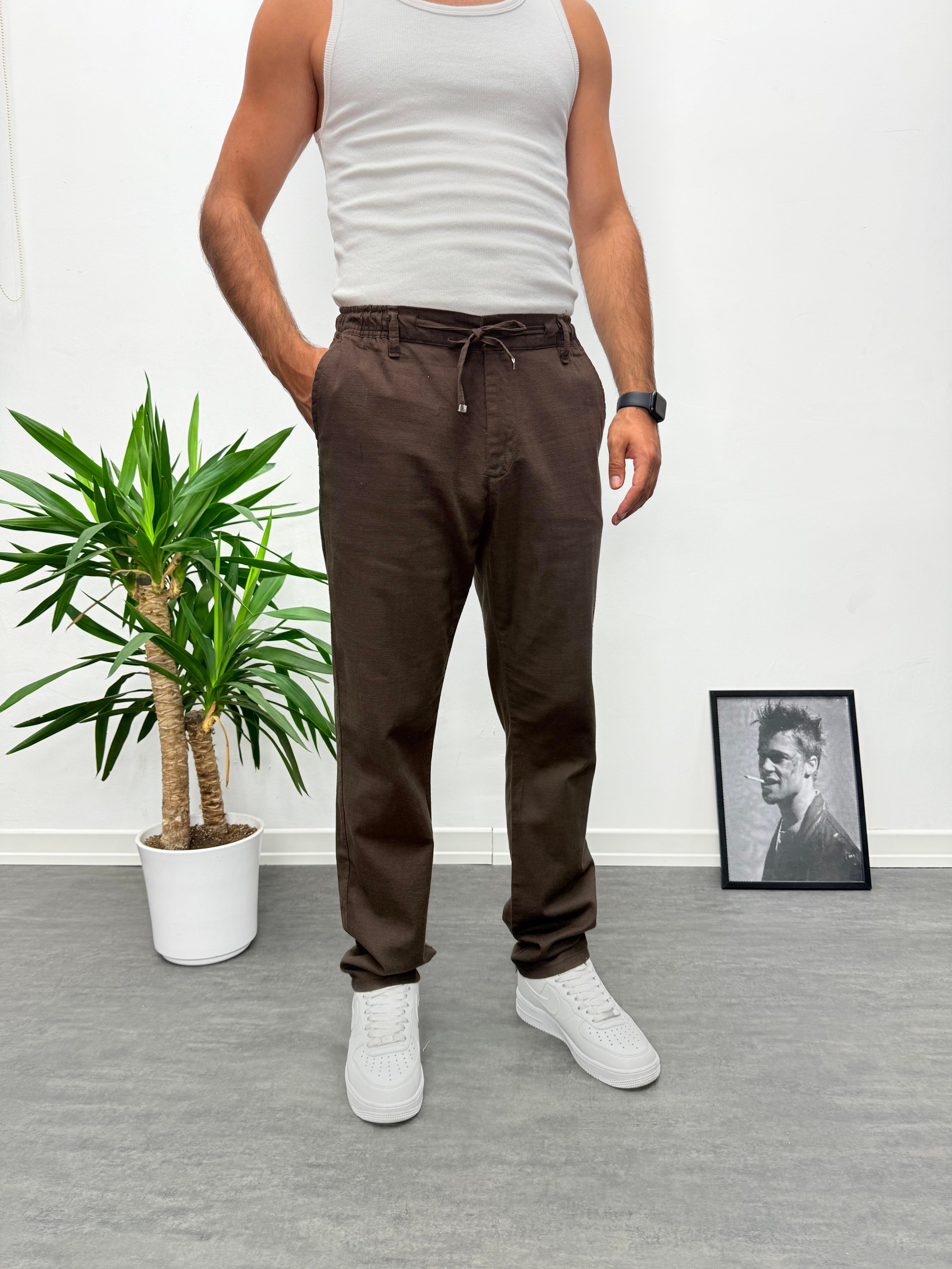 Acı Kahve Regular Boyfriend Kalıp Keten Pantolon