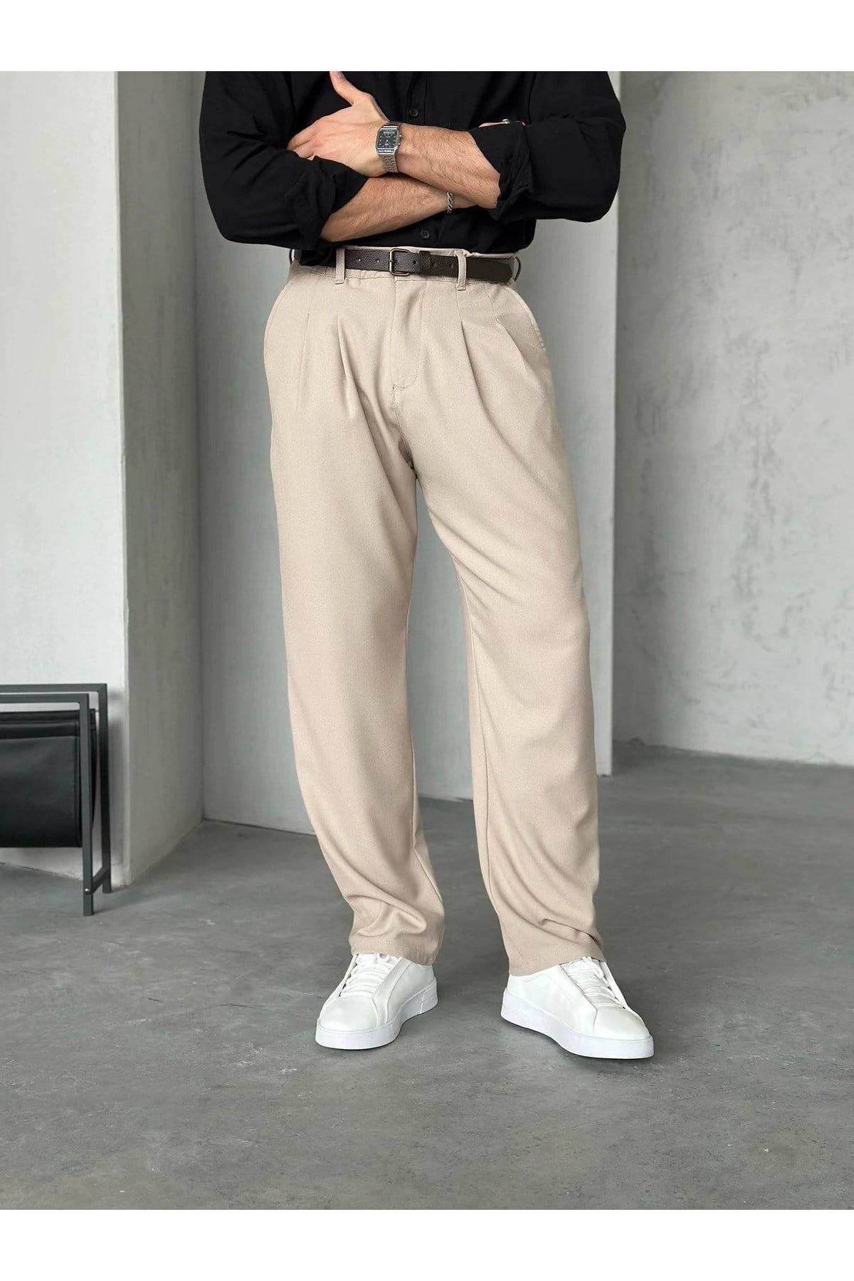 Bej Pileli Baggy Kumaş Pantolon