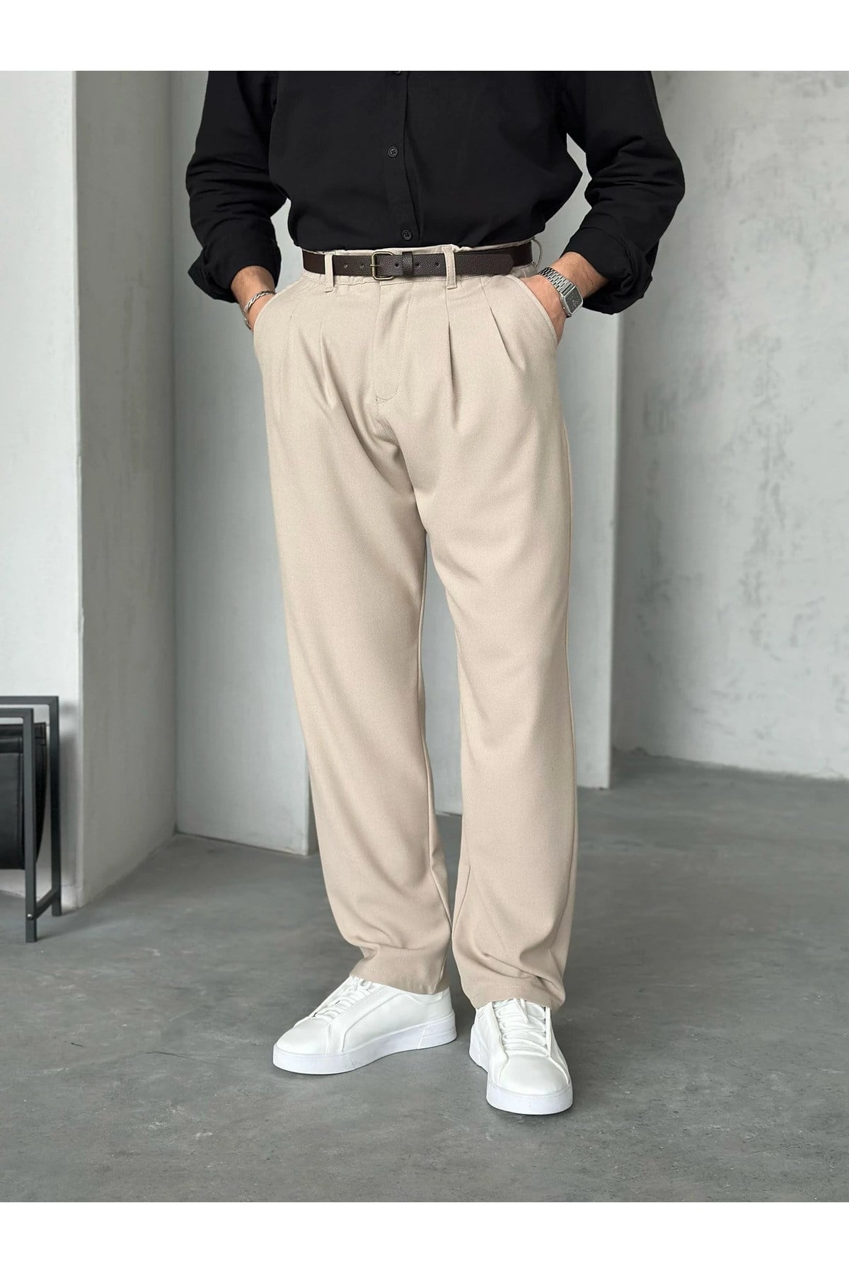 Bej Pileli Baggy Kumaş Pantolon
