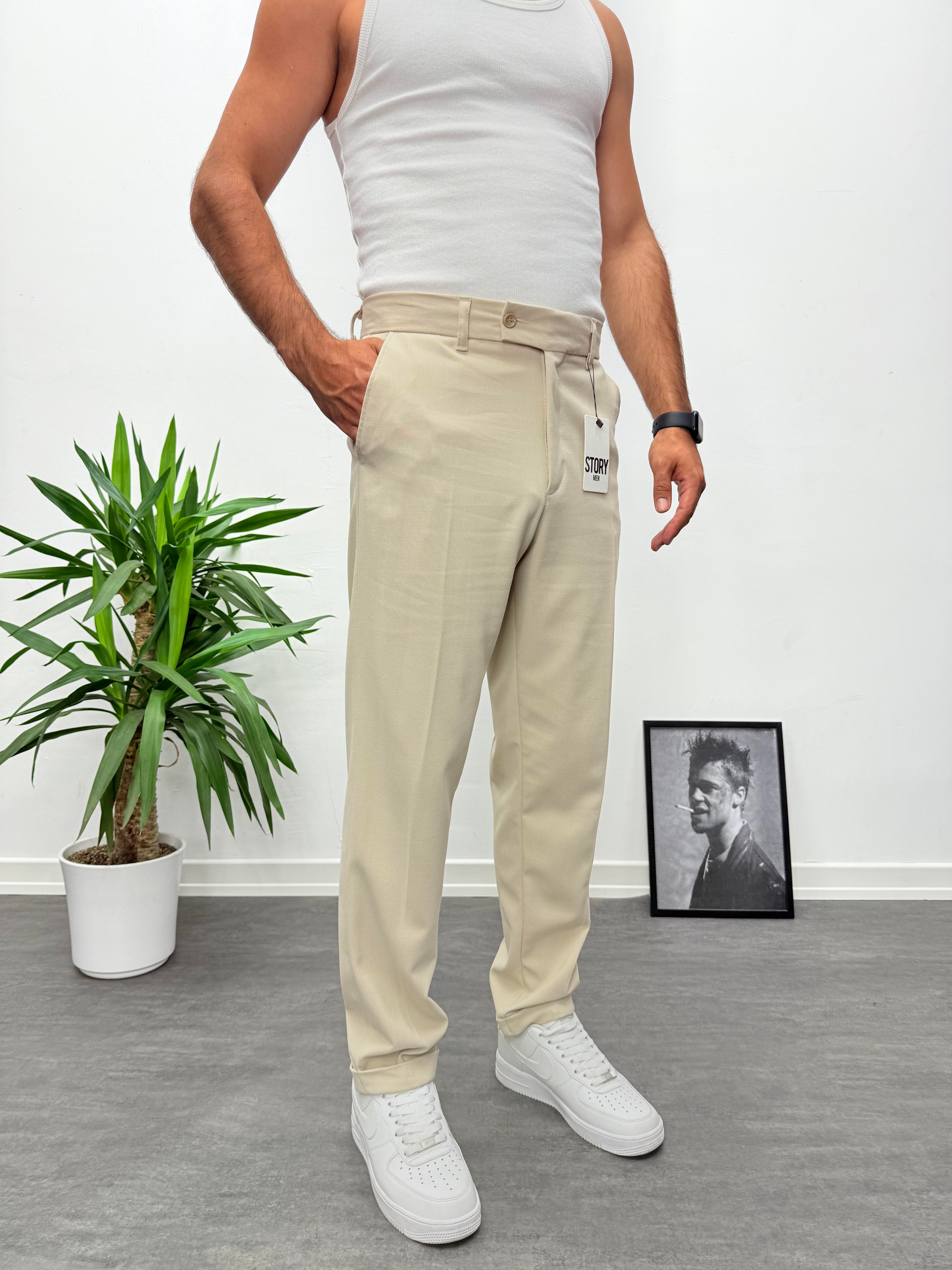 Bej Premium Kalite Bel Lastikli Duble Paça Gabardin Kumaş Pantolon
