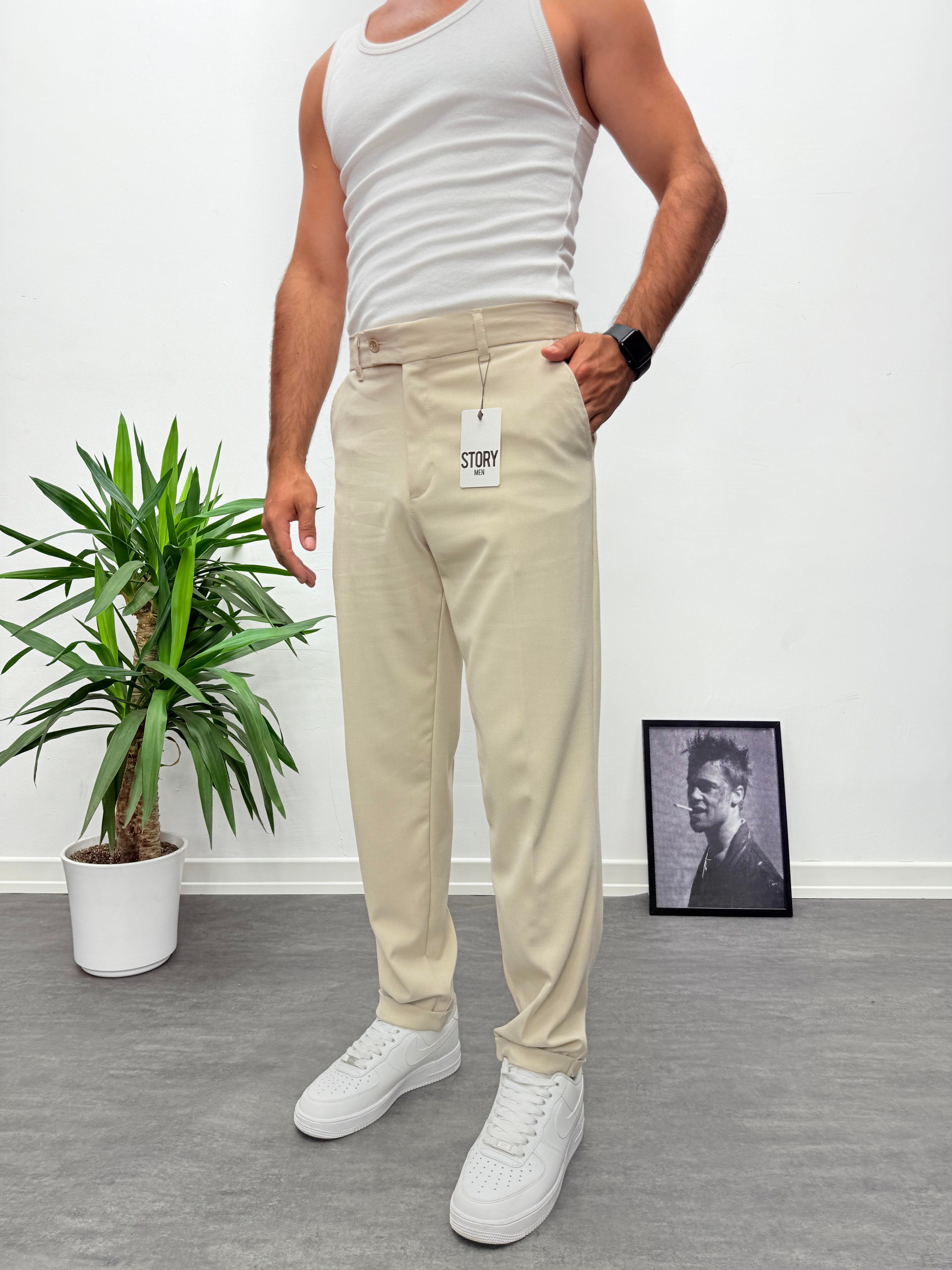 Bej Premium Kalite Bel Lastikli Duble Paça Gabardin Kumaş Pantolon