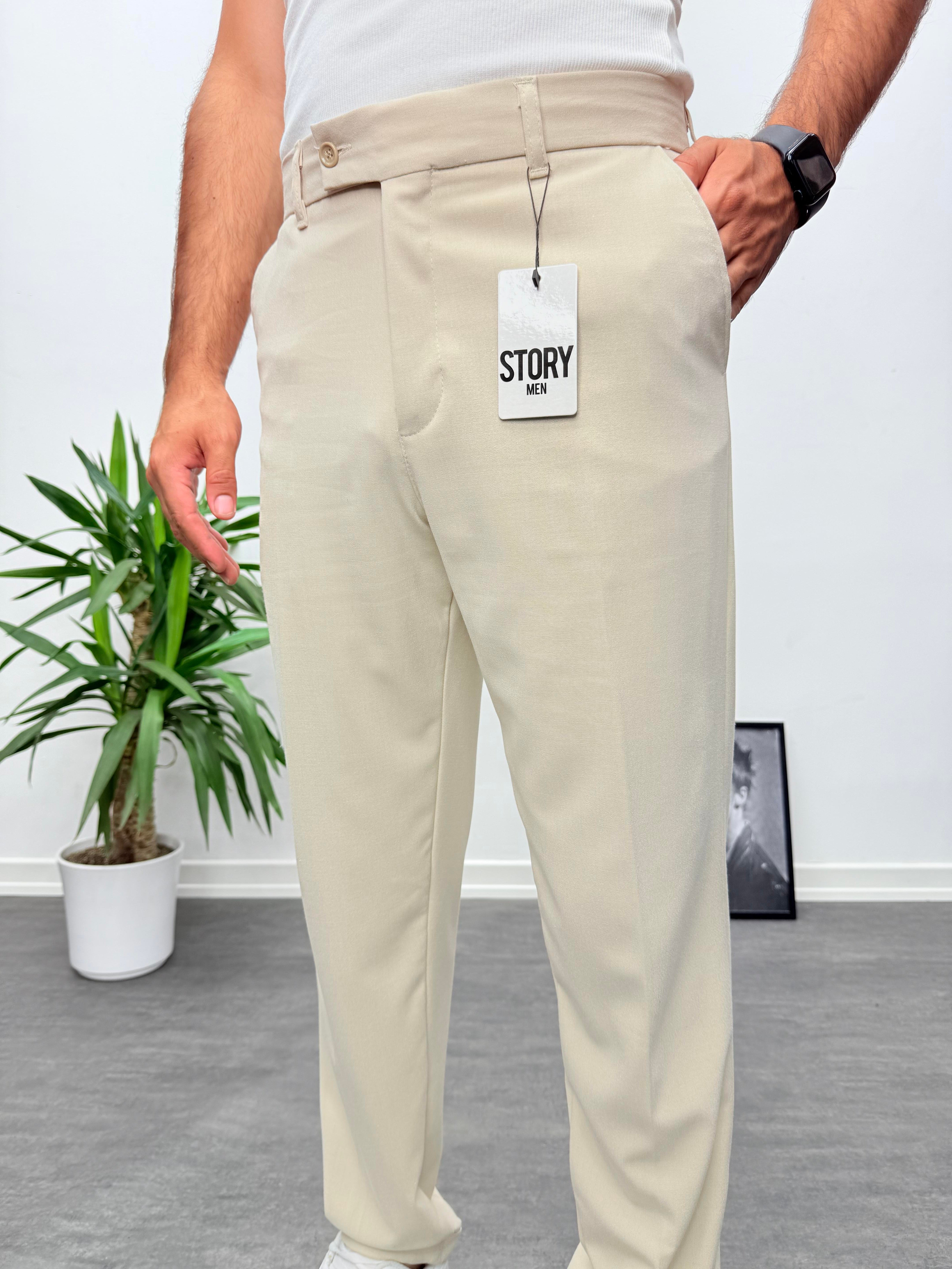 Bej Premium Kalite Bel Lastikli Duble Paça Gabardin Kumaş Pantolon
