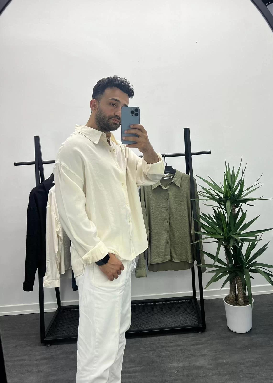 Bej Tensel Kumaş Oversize Gömlek