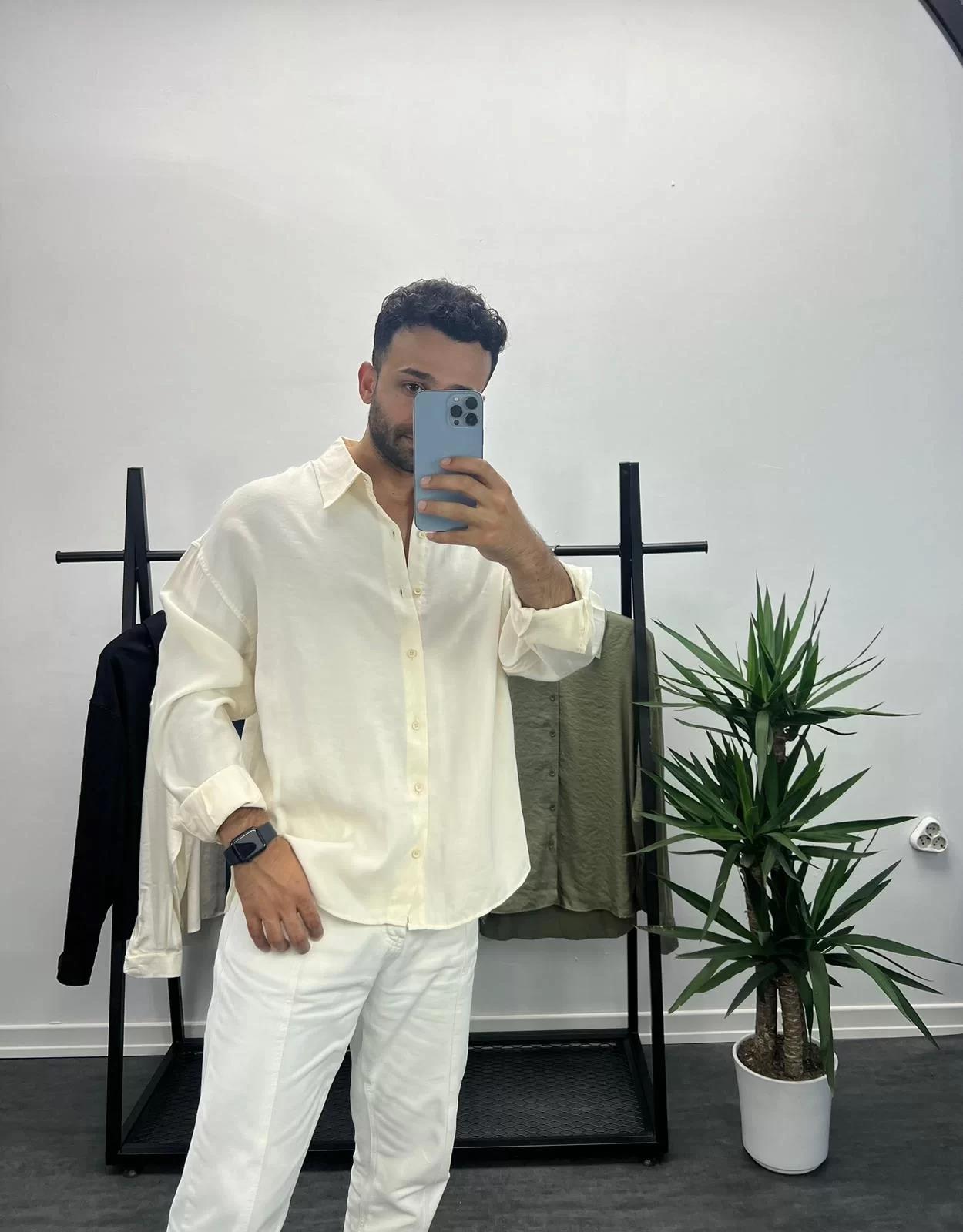 Bej Tensel Kumaş Oversize Gömlek