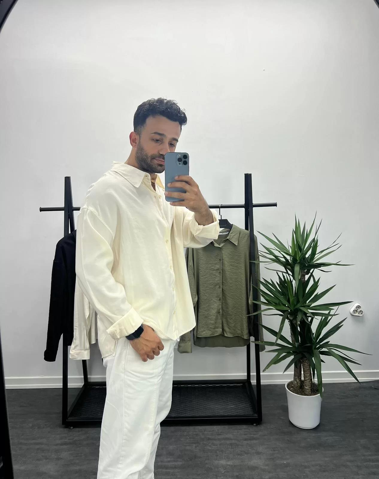 Bej Tensel Kumaş Oversize Gömlek