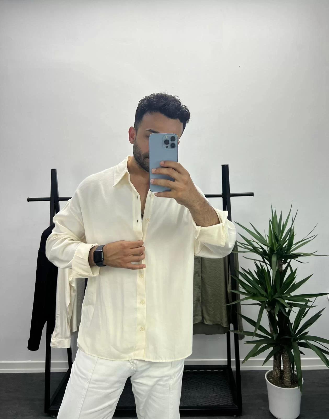Bej Tensel Kumaş Oversize Gömlek