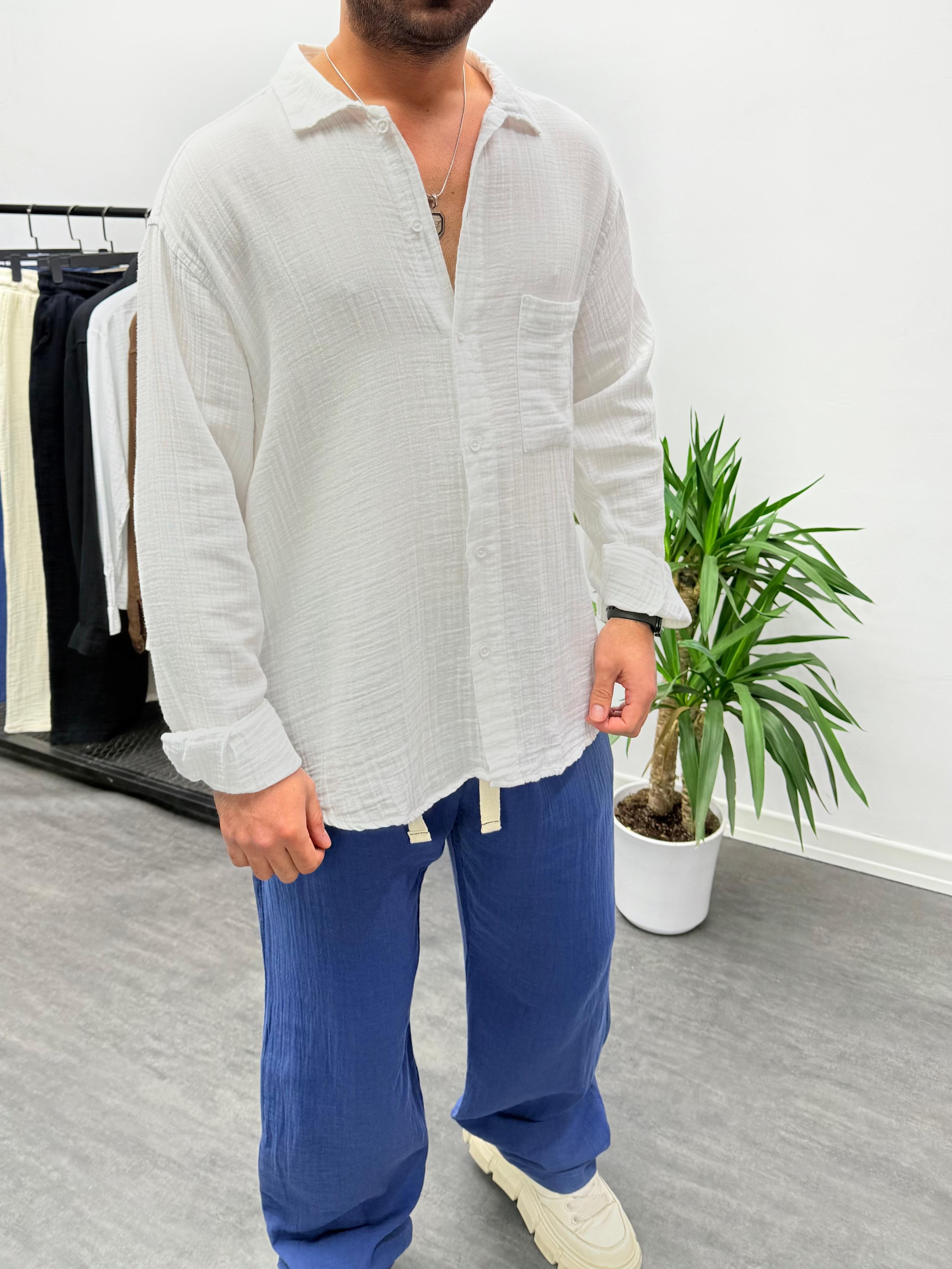 Beyaz Müslin Kumaş Oversize Gömlek