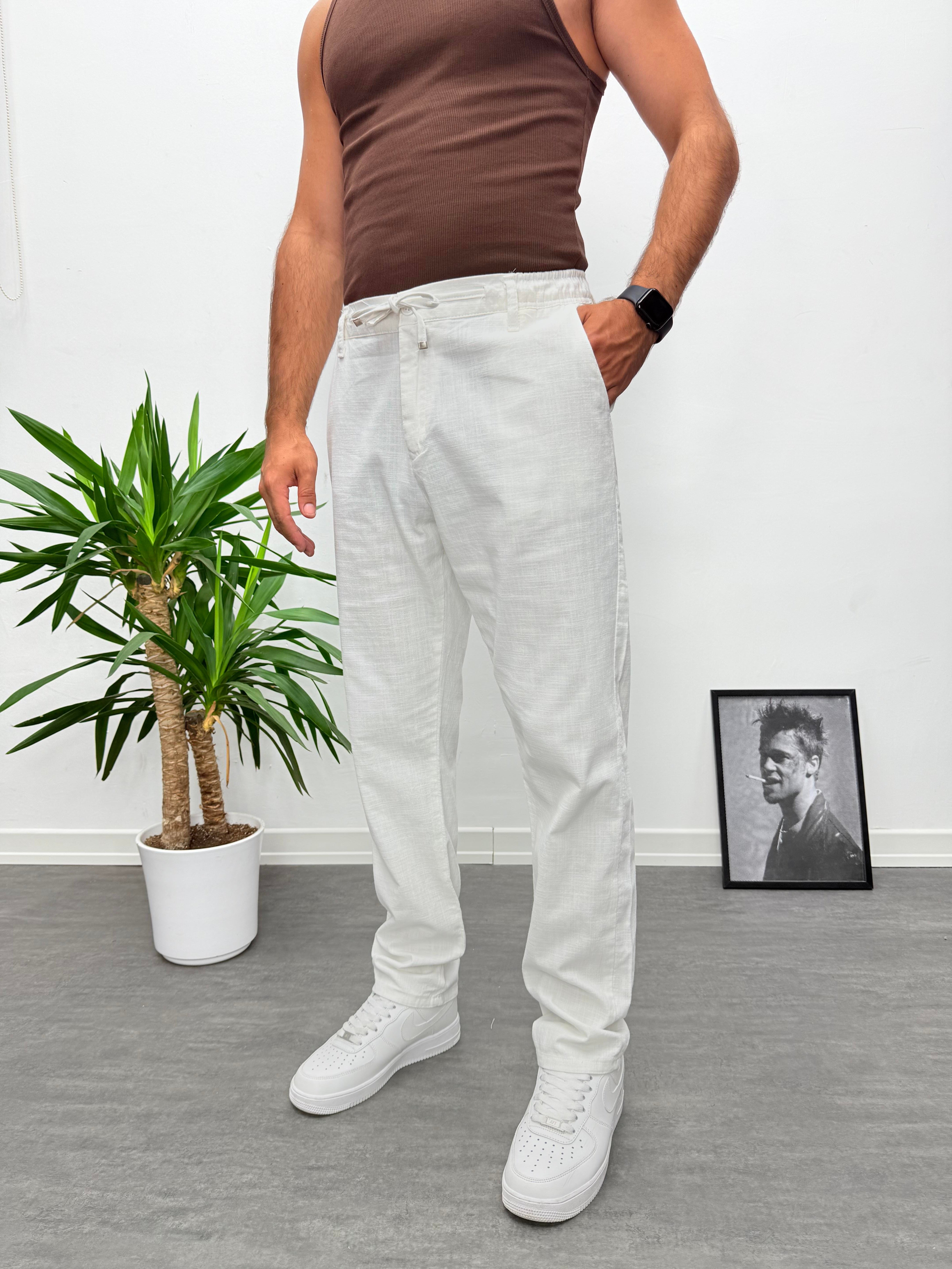 Beyaz Regular Boyfriend Kalıp Keten Pantolon