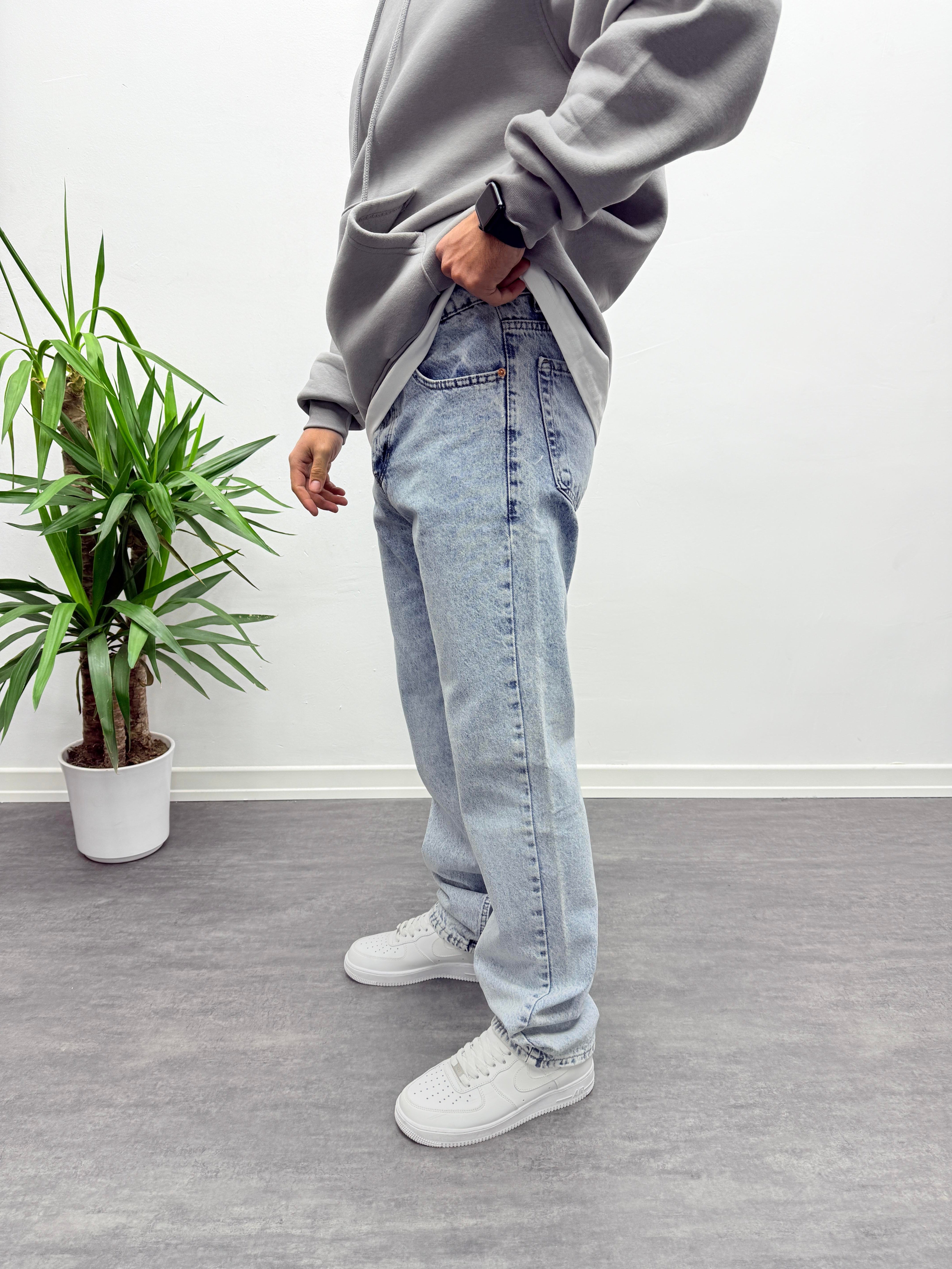 Buz Mavisi Kar Yıkamalı Baggy Jean Pantolon