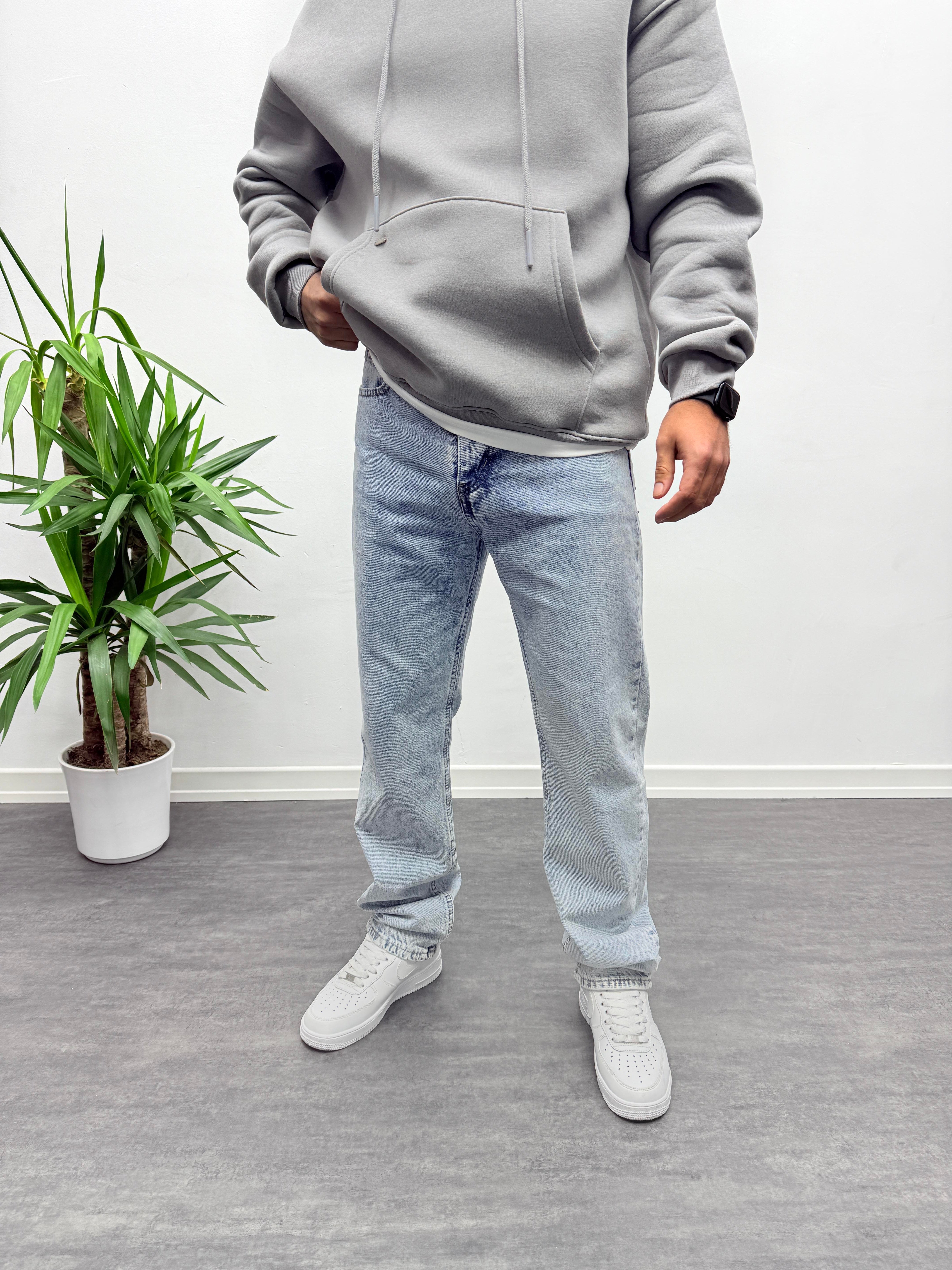 Buz Mavisi Kar Yıkamalı Baggy Jean Pantolon