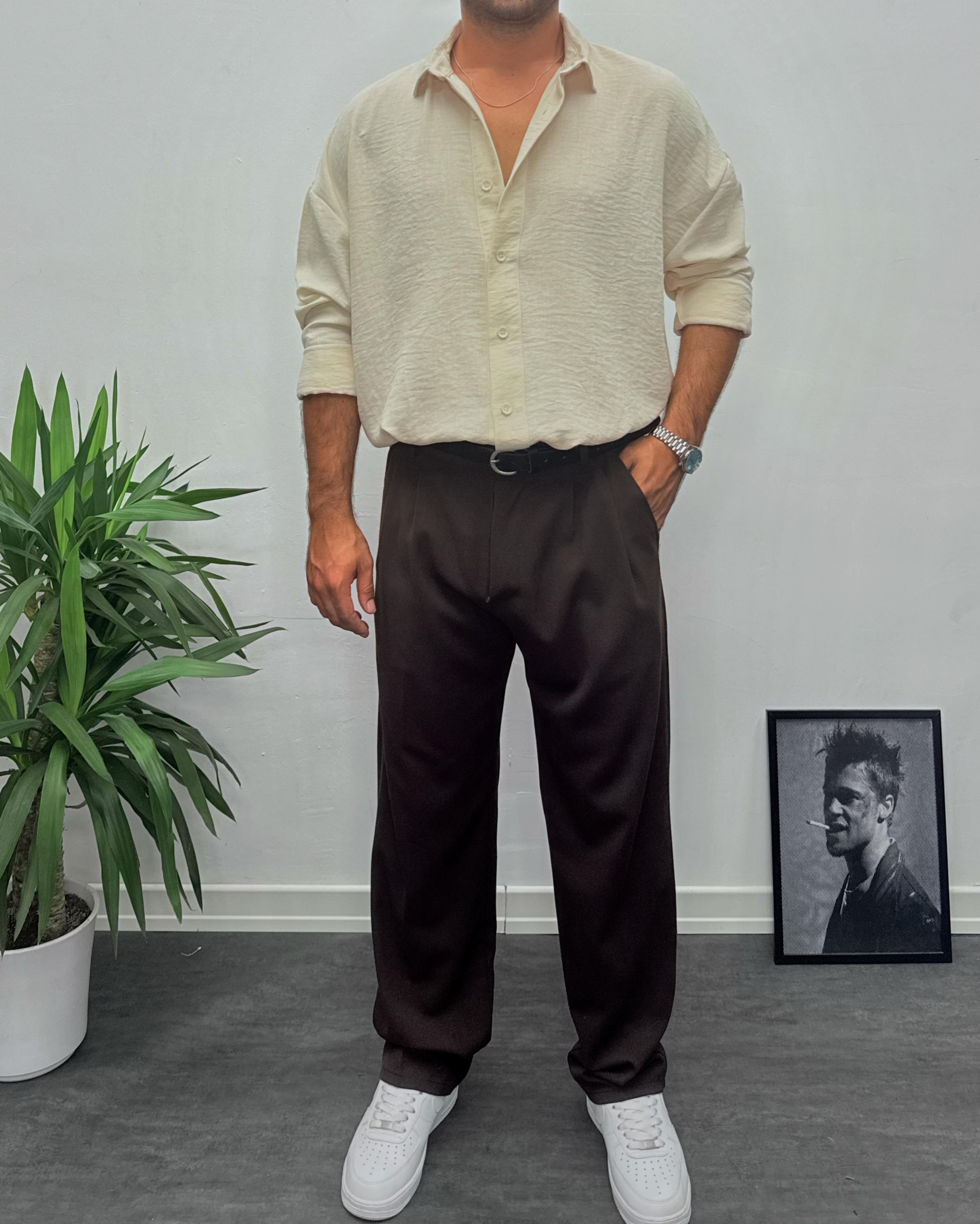 Dokulu Oversize Gömlek Krem