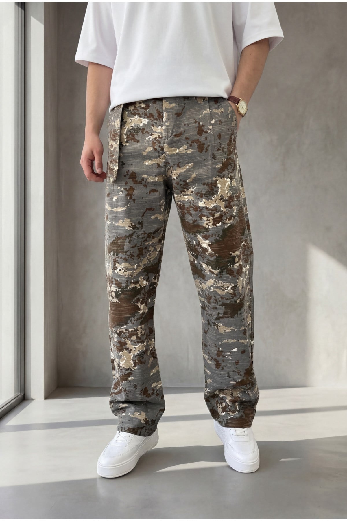 Erkek Kemer Detaylı Kamuflaj Desenli Keten Baggy Pantolon