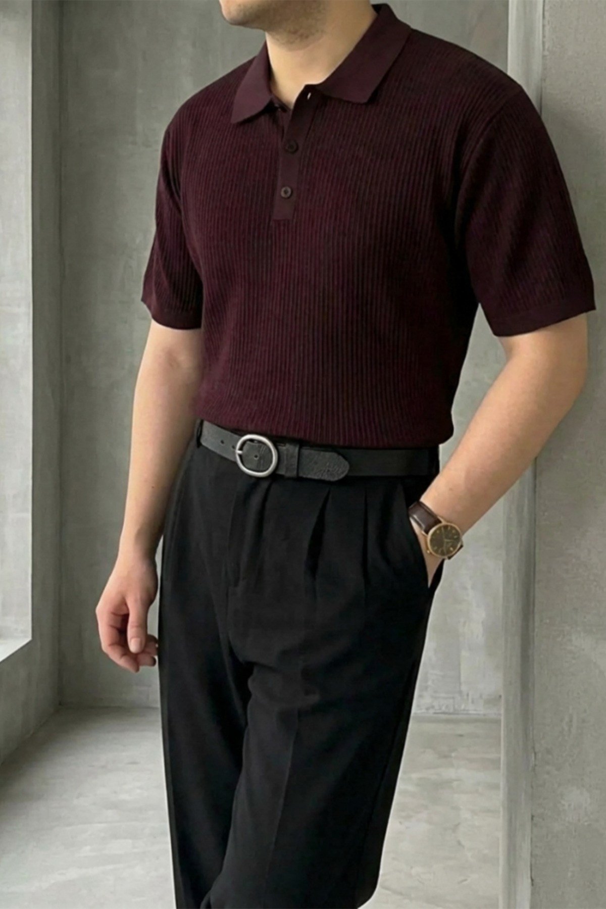 Erkek Old Money Çizgi Dokulu Kısa Kollu Polo Yaka T-Shirt