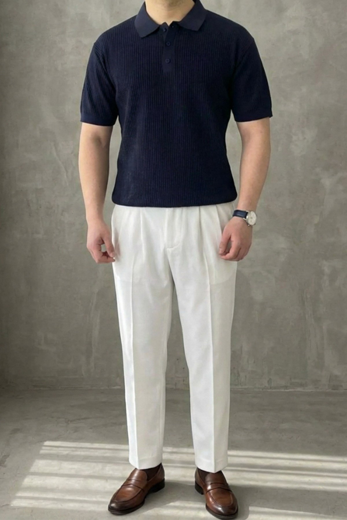 Erkek Old Money Çizgi Dokulu Kısa Kollu Polo Yaka T-Shirt
