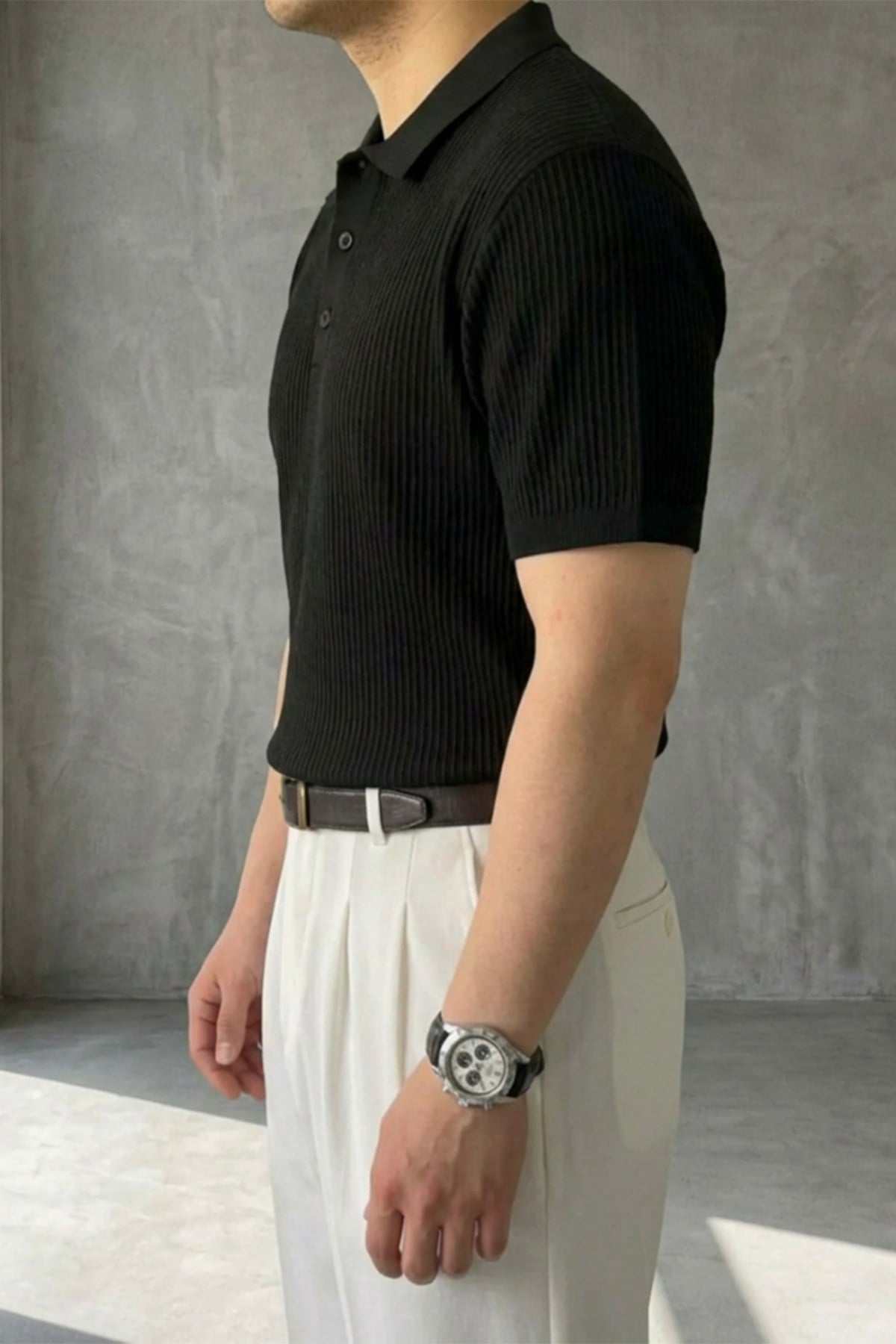 Erkek Old Money Çizgi Dokulu Kısa Kollu Polo Yaka T-Shirt