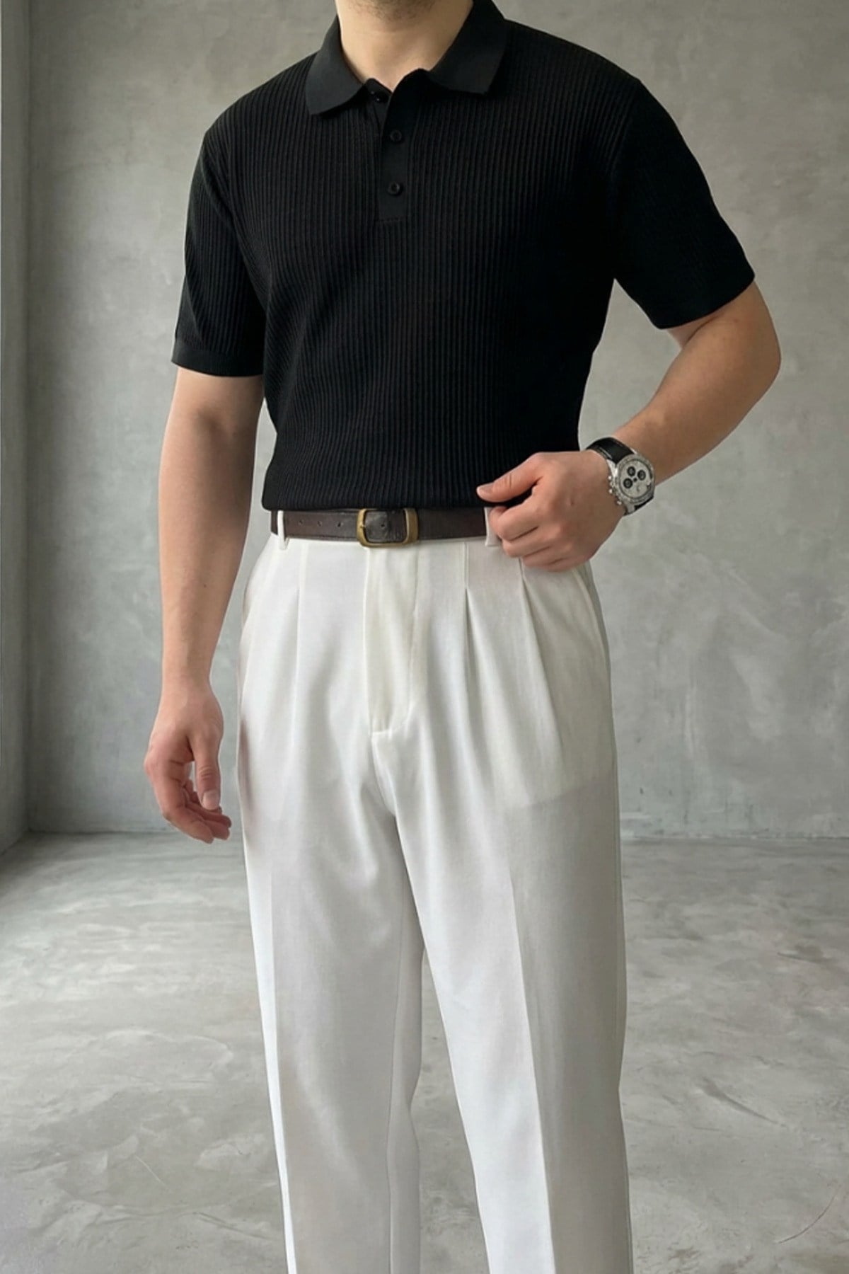 Erkek Old Money Çizgi Dokulu Kısa Kollu Polo Yaka T-Shirt
