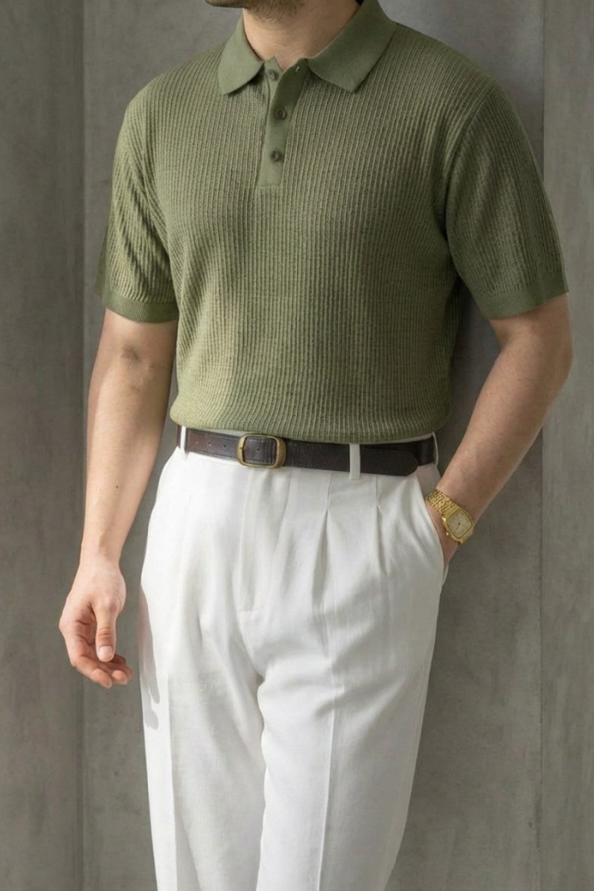 Erkek Old Money Çizgi Dokulu Kısa Kollu Polo Yaka T-Shirt