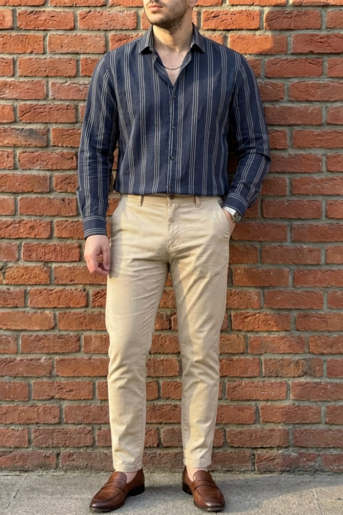 Erkek Oversize Çizgi Detaylı Modal Kumaş Gömlek