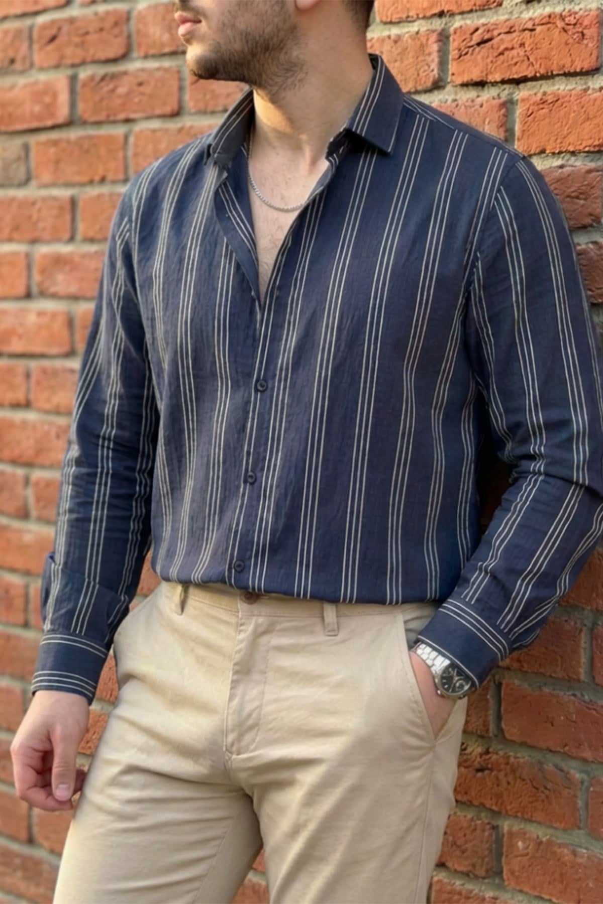 Erkek Oversize Çizgi Detaylı Modal Kumaş Gömlek
