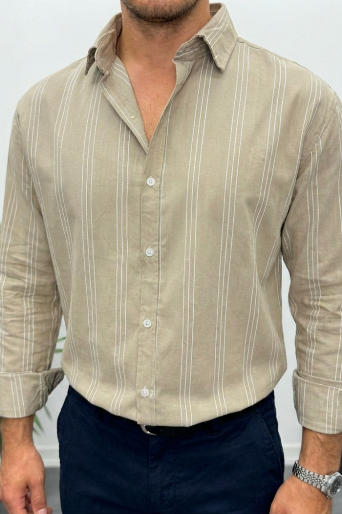 Erkek Oversize Çizgi Detaylı Modal Kumaş Gömlek