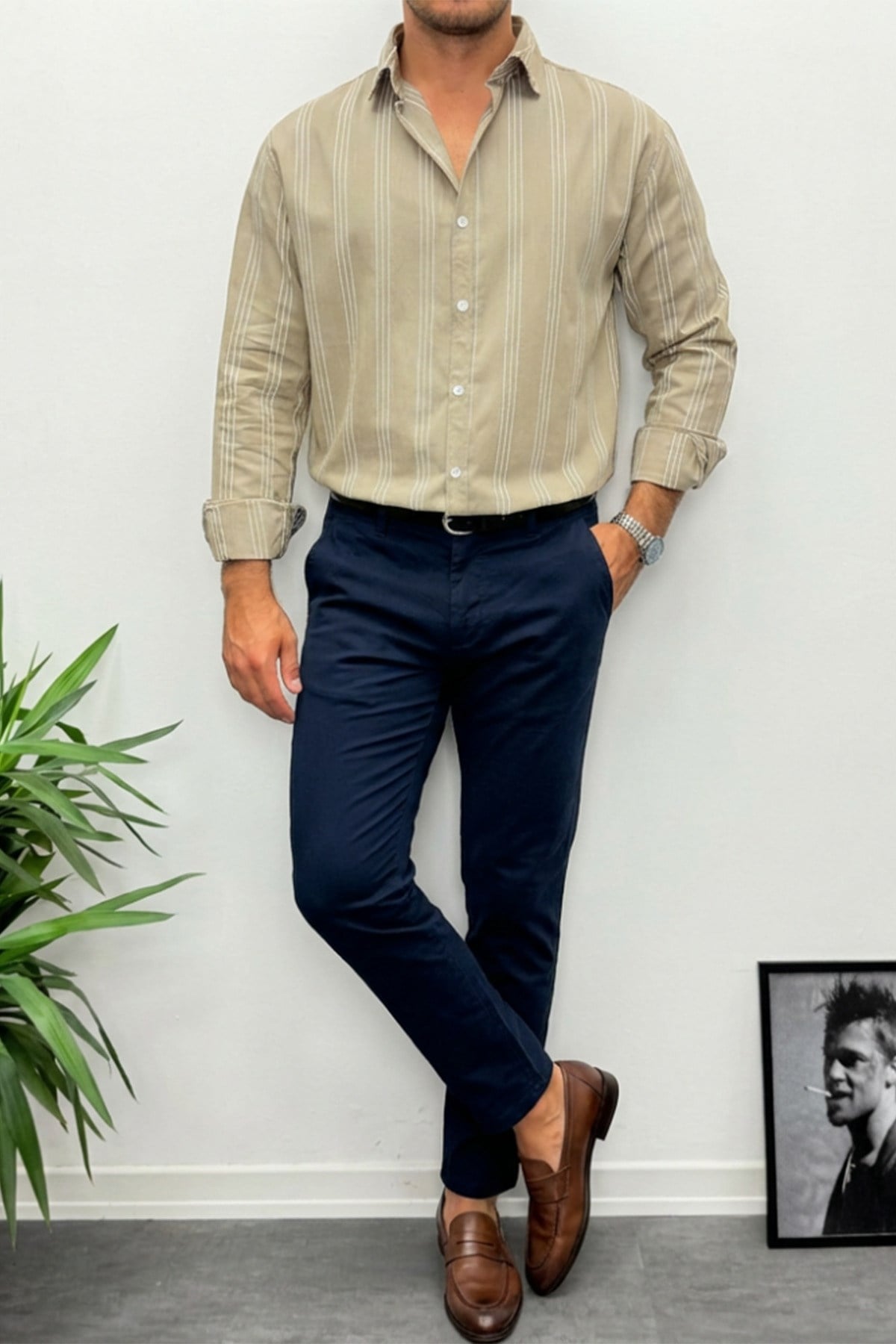 Erkek Oversize Çizgi Detaylı Modal Kumaş Gömlek
