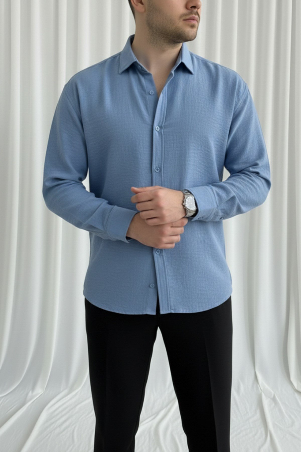 Erkek Oversize Kalıp Keten Görünümlü Gömlek