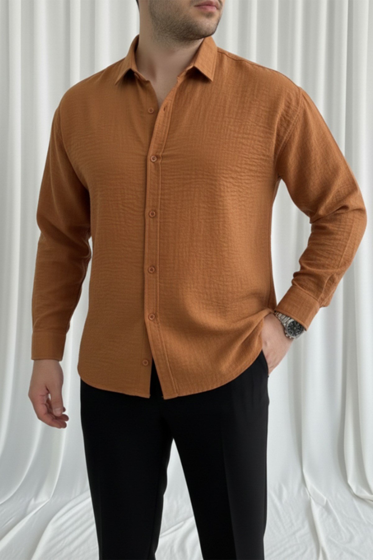 Erkek Oversize Kalıp Keten Görünümlü Gömlek