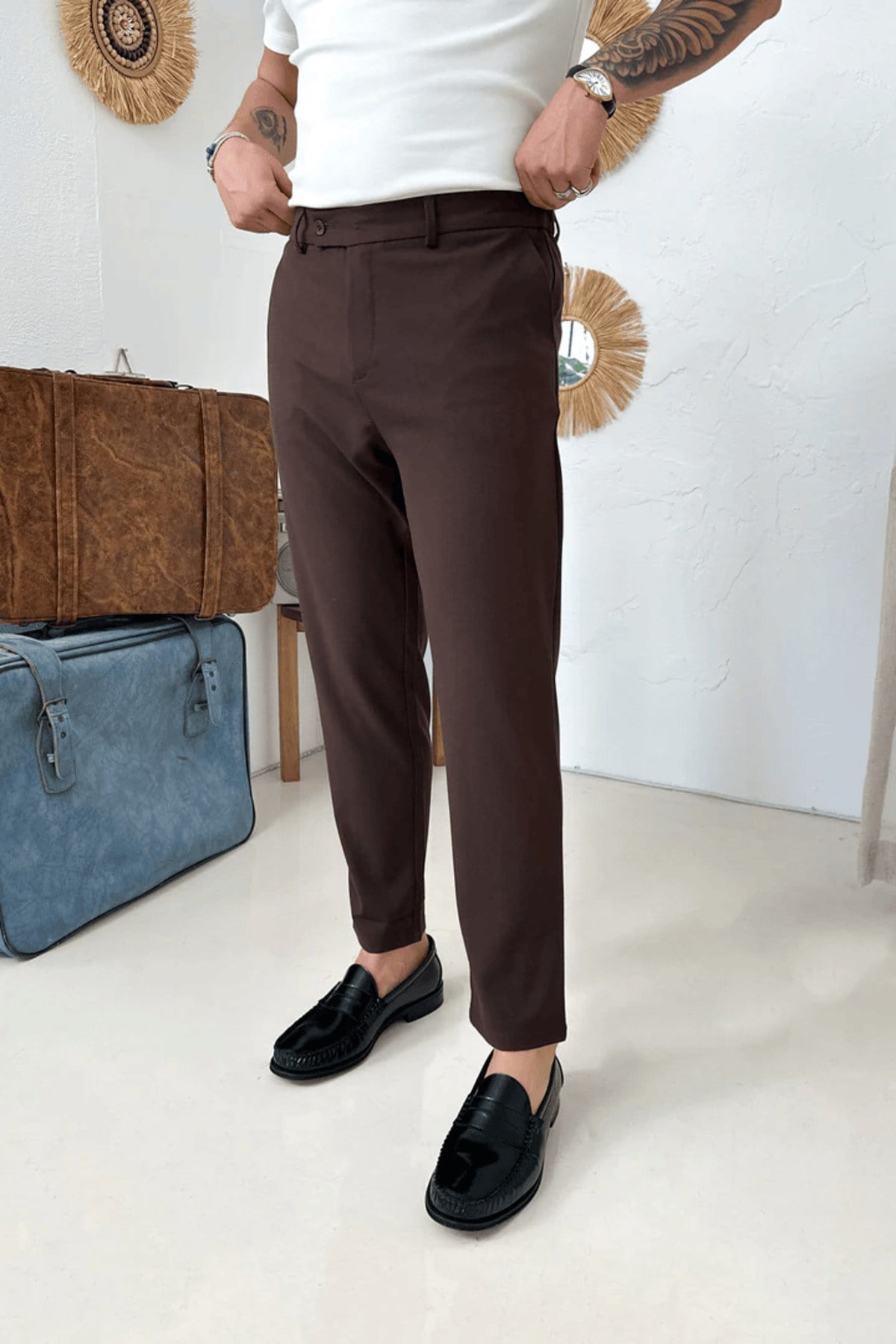 Erkek Regular-Fit Premium Kalite Old Money Kumaş Pantolon Acı Kahverengi