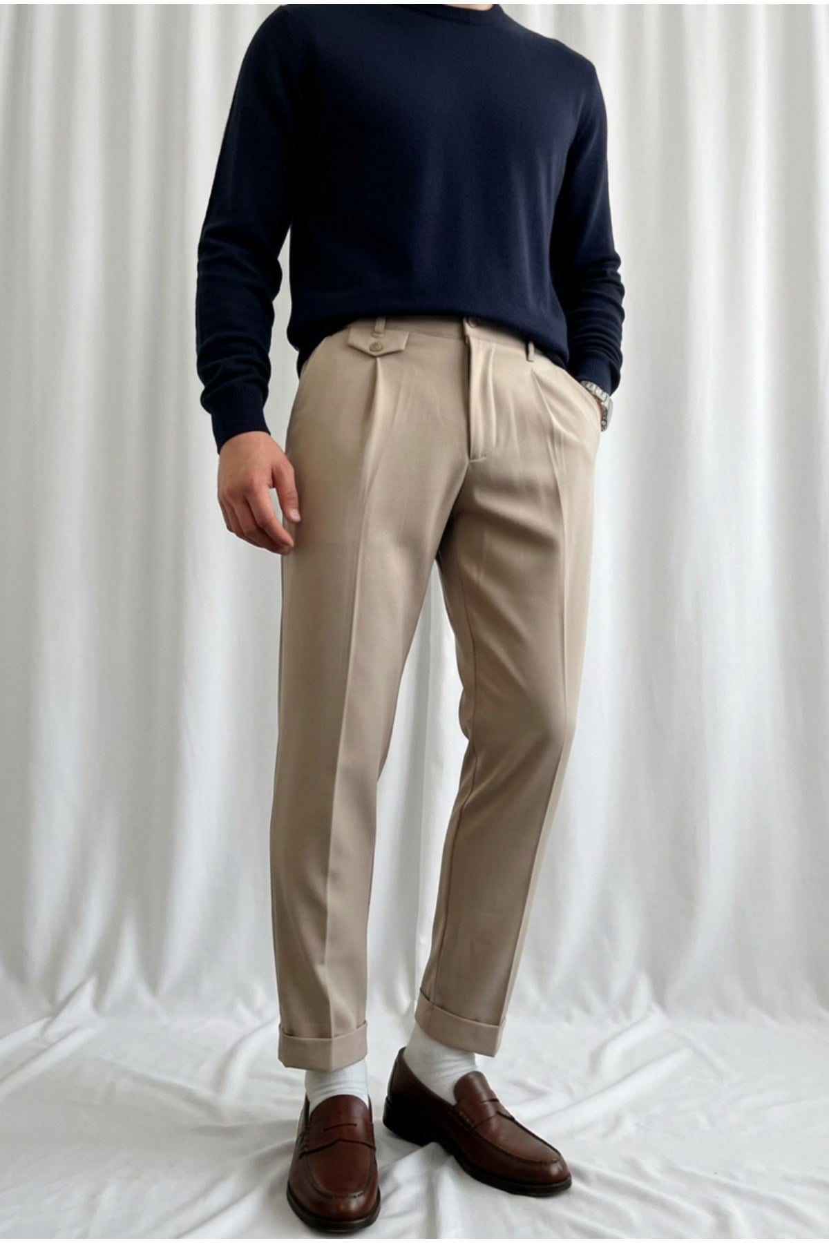 Erkek Regular-Fit Premium Old Money Cep Detaylı Double Paça Kumaş Pantolon Krem