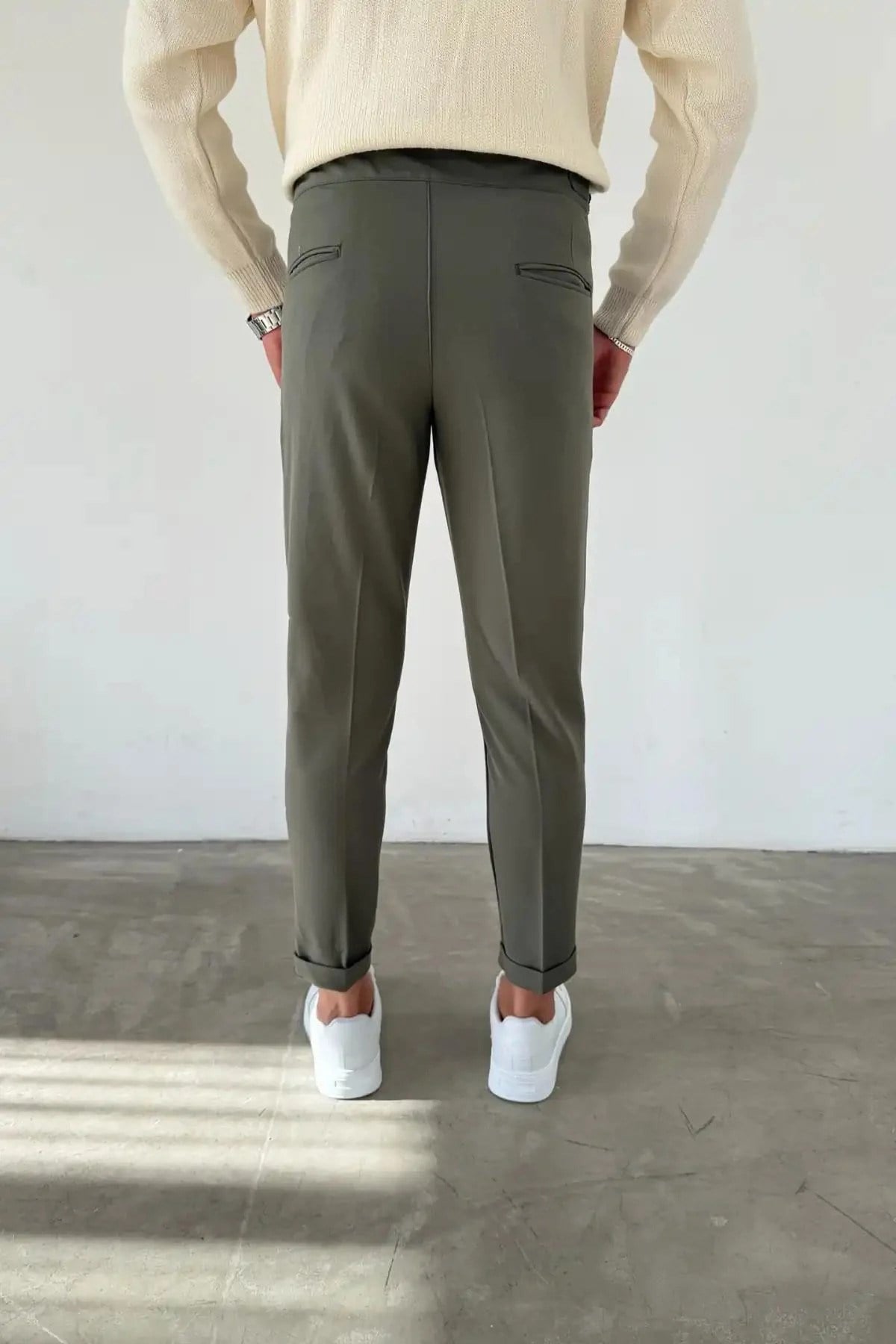 Erkek Regular-Fit Premium Old Money Tokalı Harvest İtalyan Kesim Double Paça Kumaş Pantolon Haki
