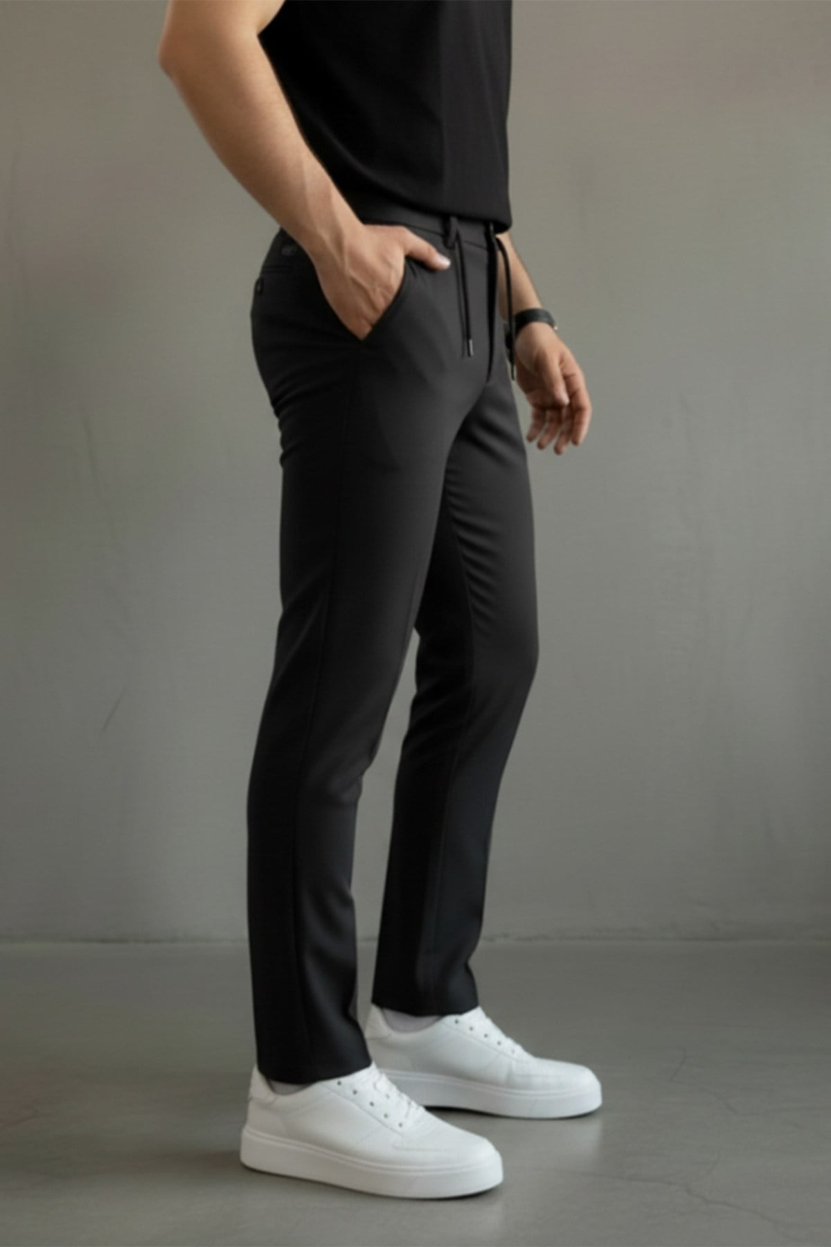 Erkek Regular-Fit Premium ZR Model Beli İpli Pantolon Siyah