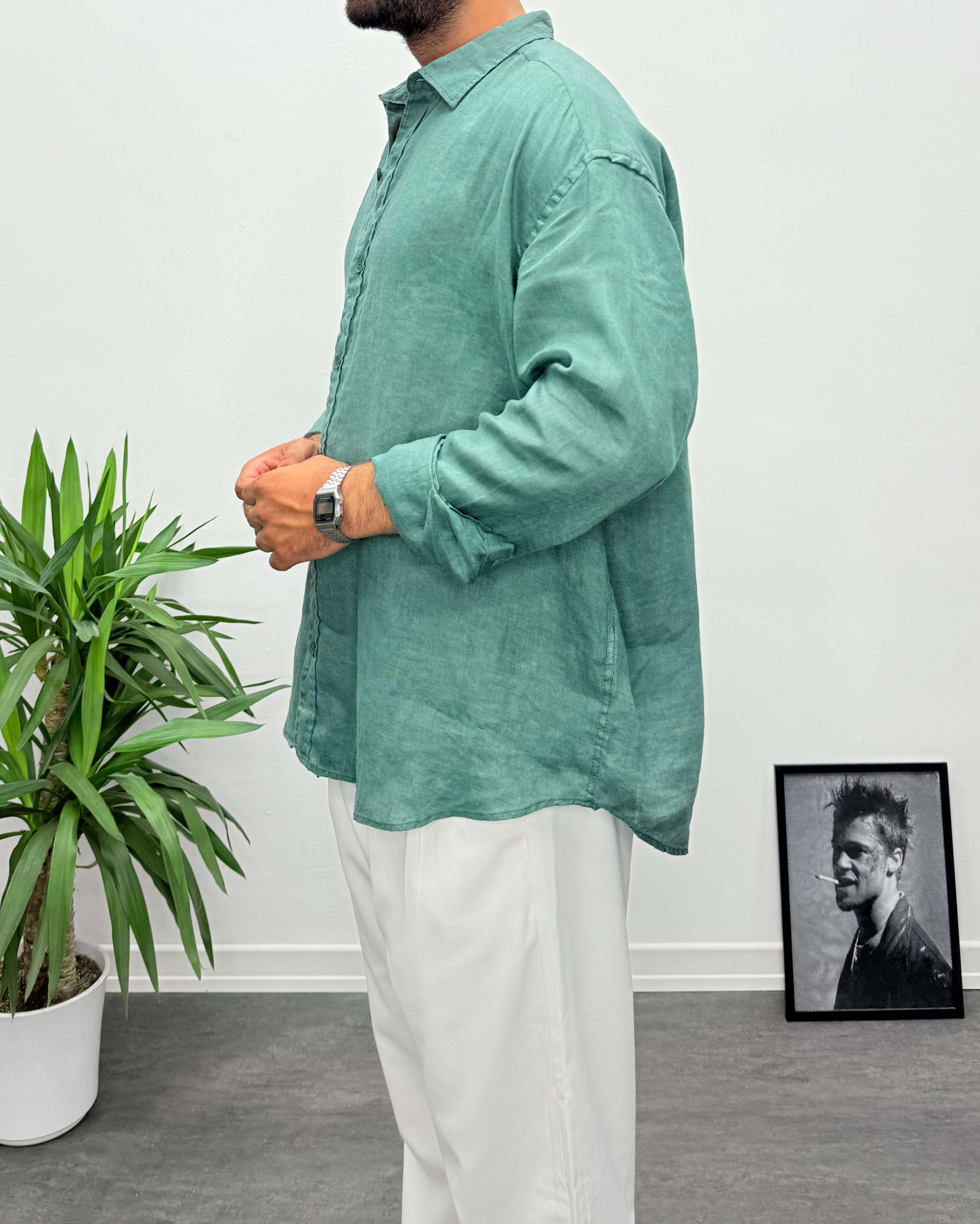 Giesto %100 Keten Oversize Gömlek Zümrüt Yeşili
