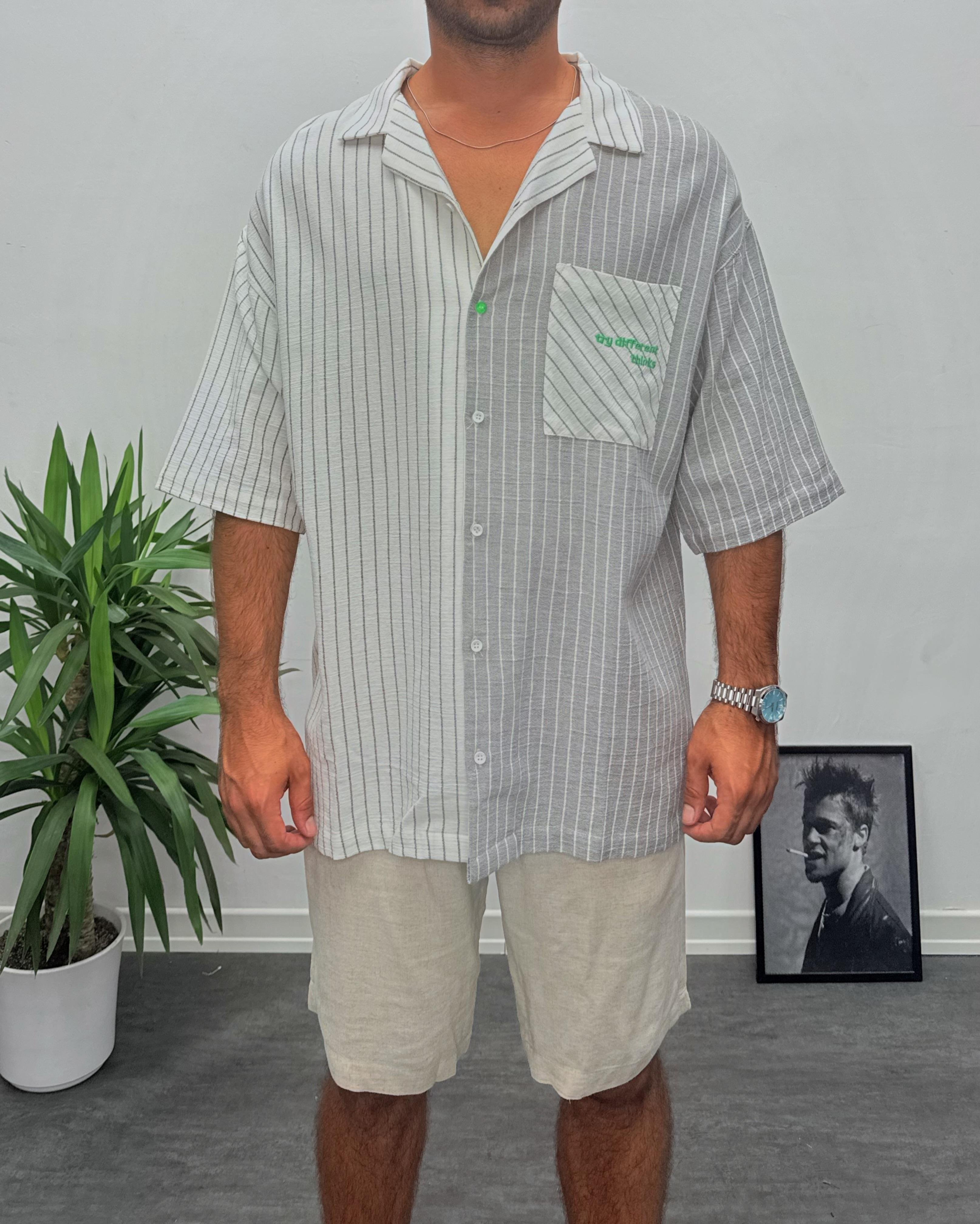 Gri Çizgili Oversize Gömlek