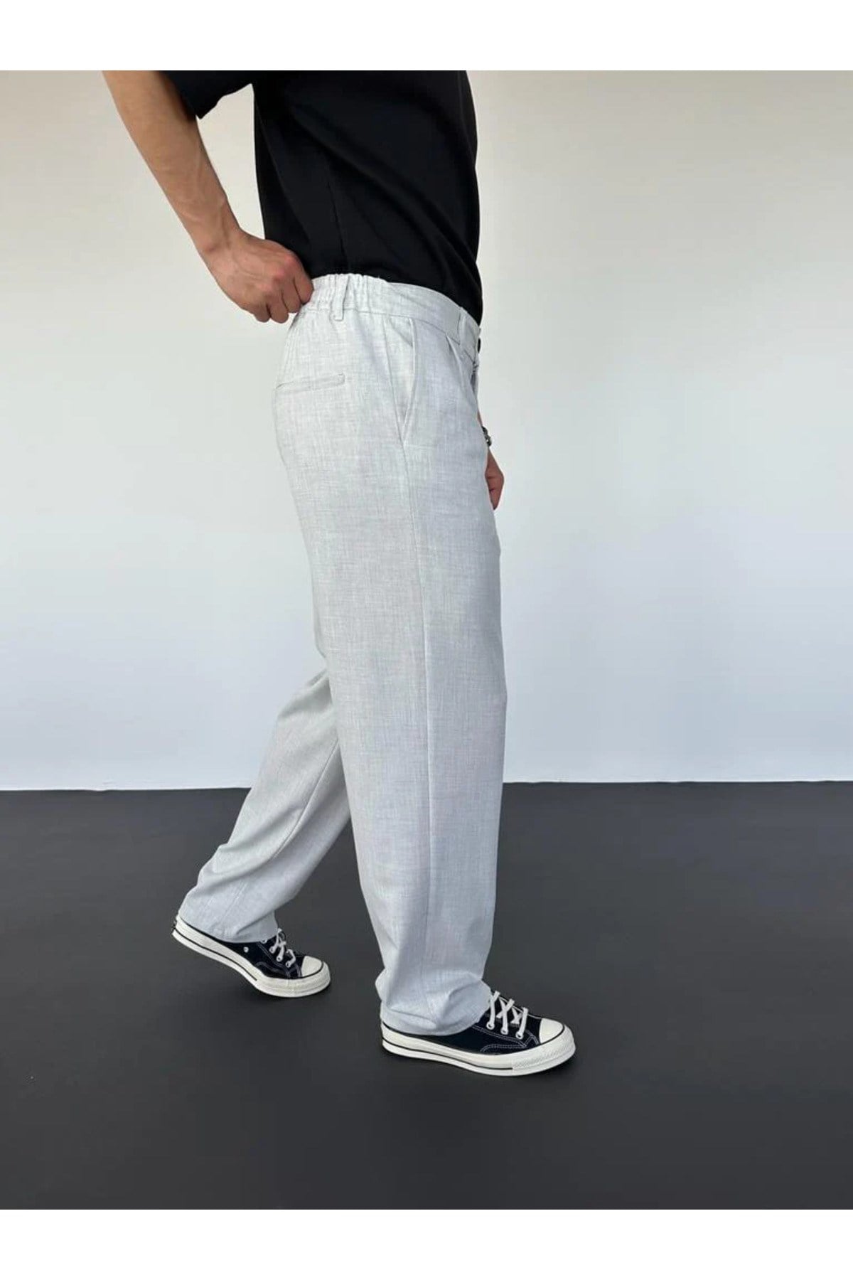 Gri Pileli Baggy Kumaş Pantolon