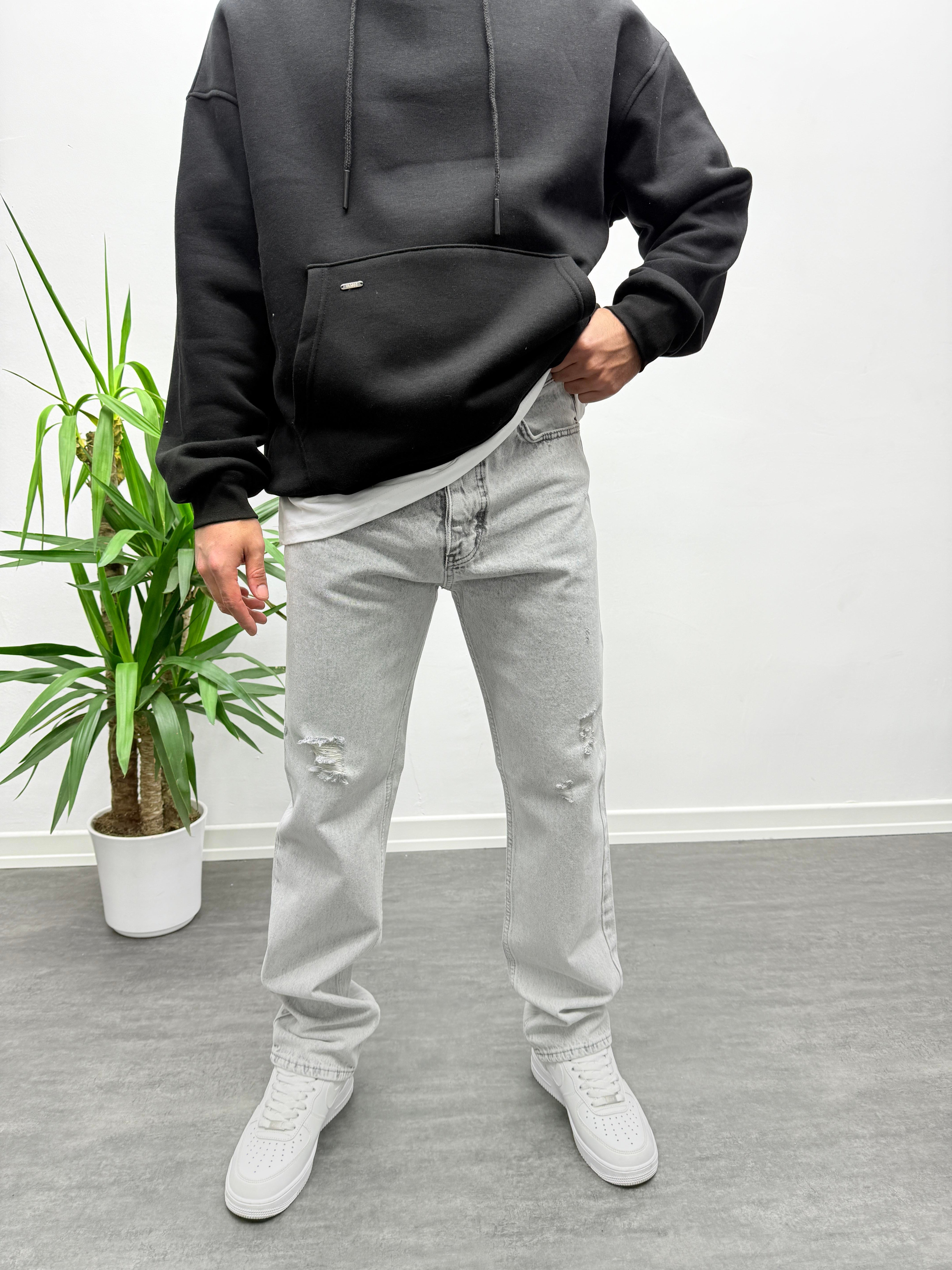 Gri Yırtık Detay Baggy Jean Pantolon