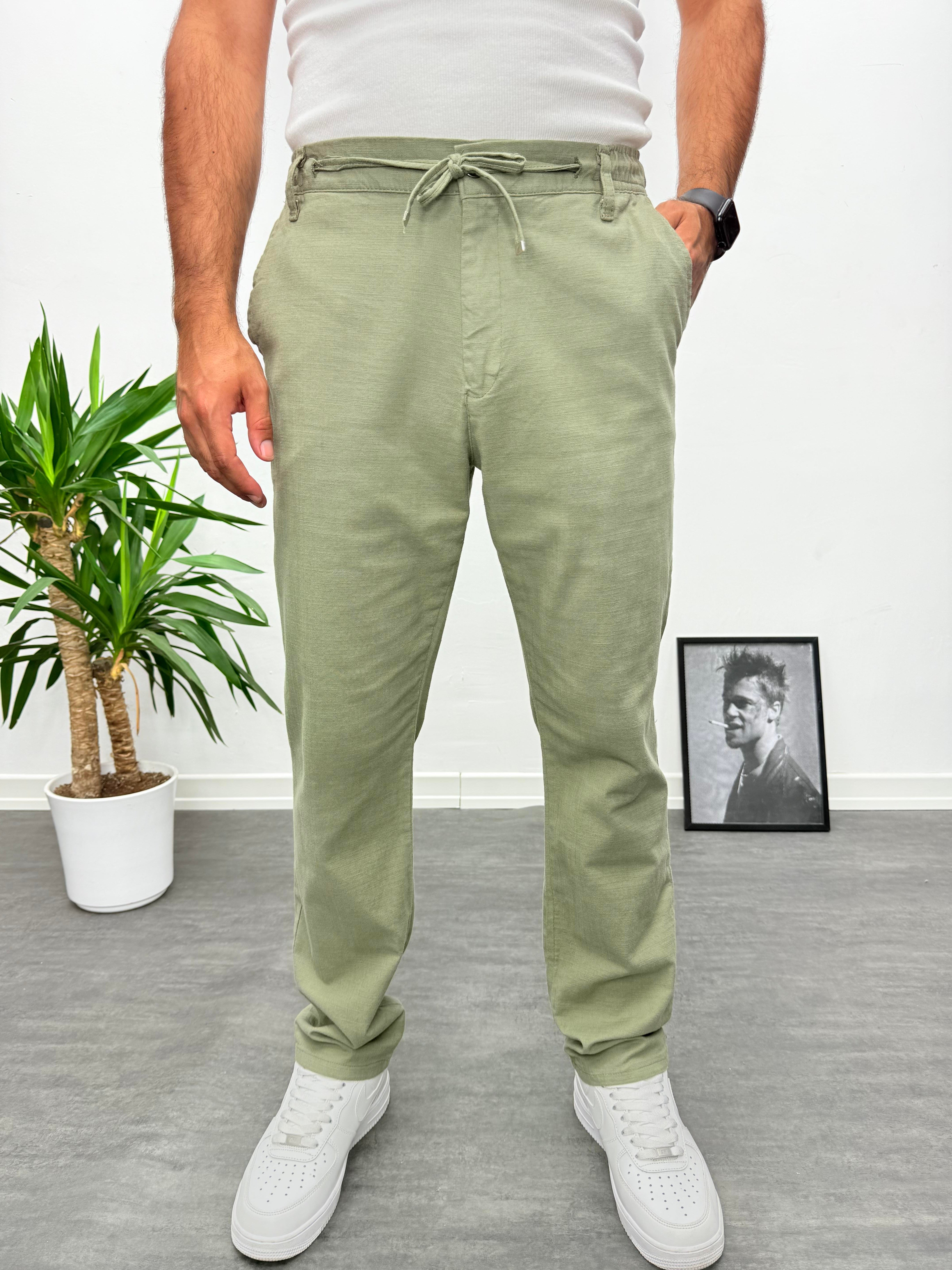 Haki Kahve Regular Boyfriend Kalıp Keten Pantolon