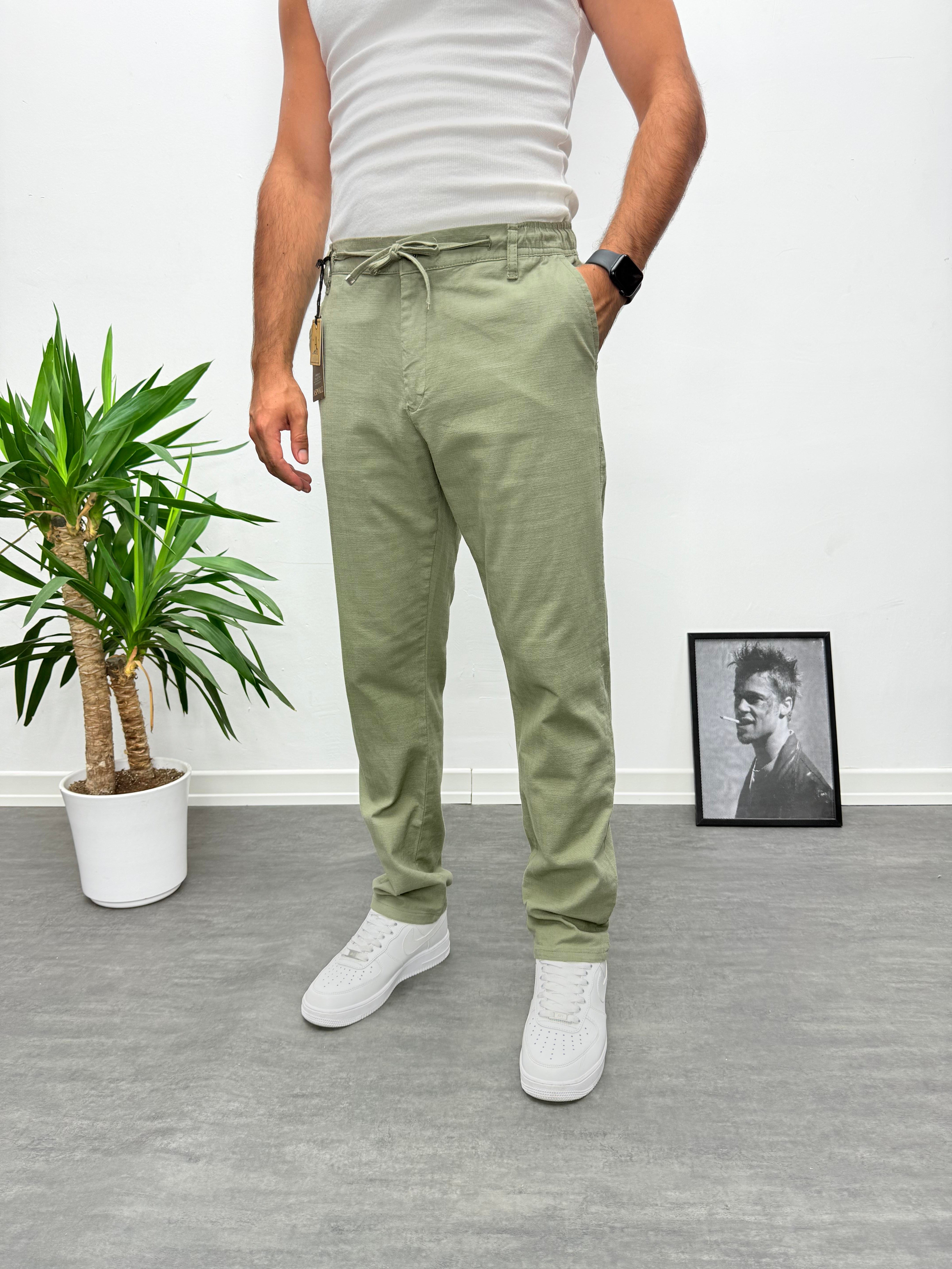 Haki Kahve Regular Boyfriend Kalıp Keten Pantolon