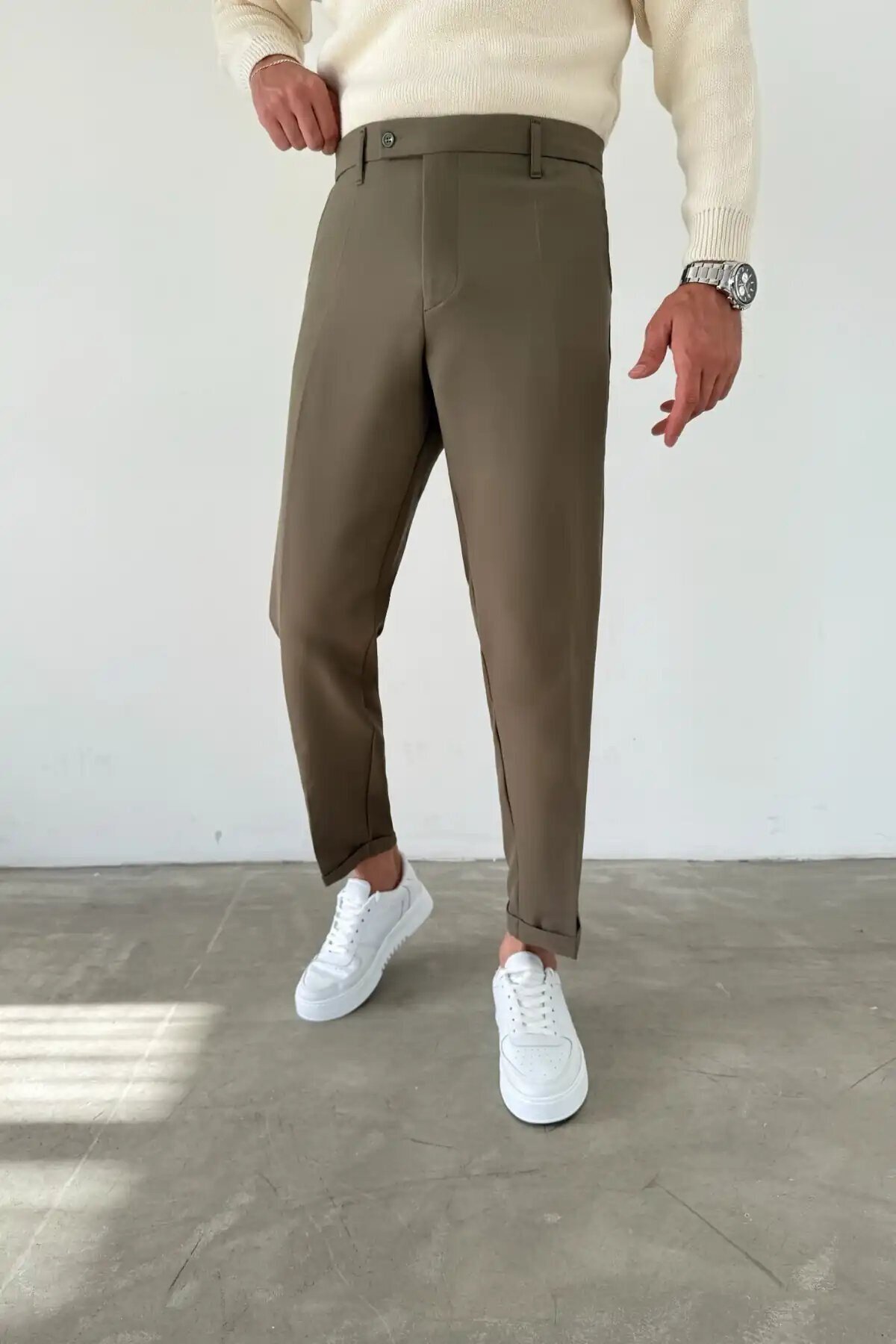 Haki Kısa Dilli Double Paça İtalyan Kesim Gabardin Kumaş Pantolon