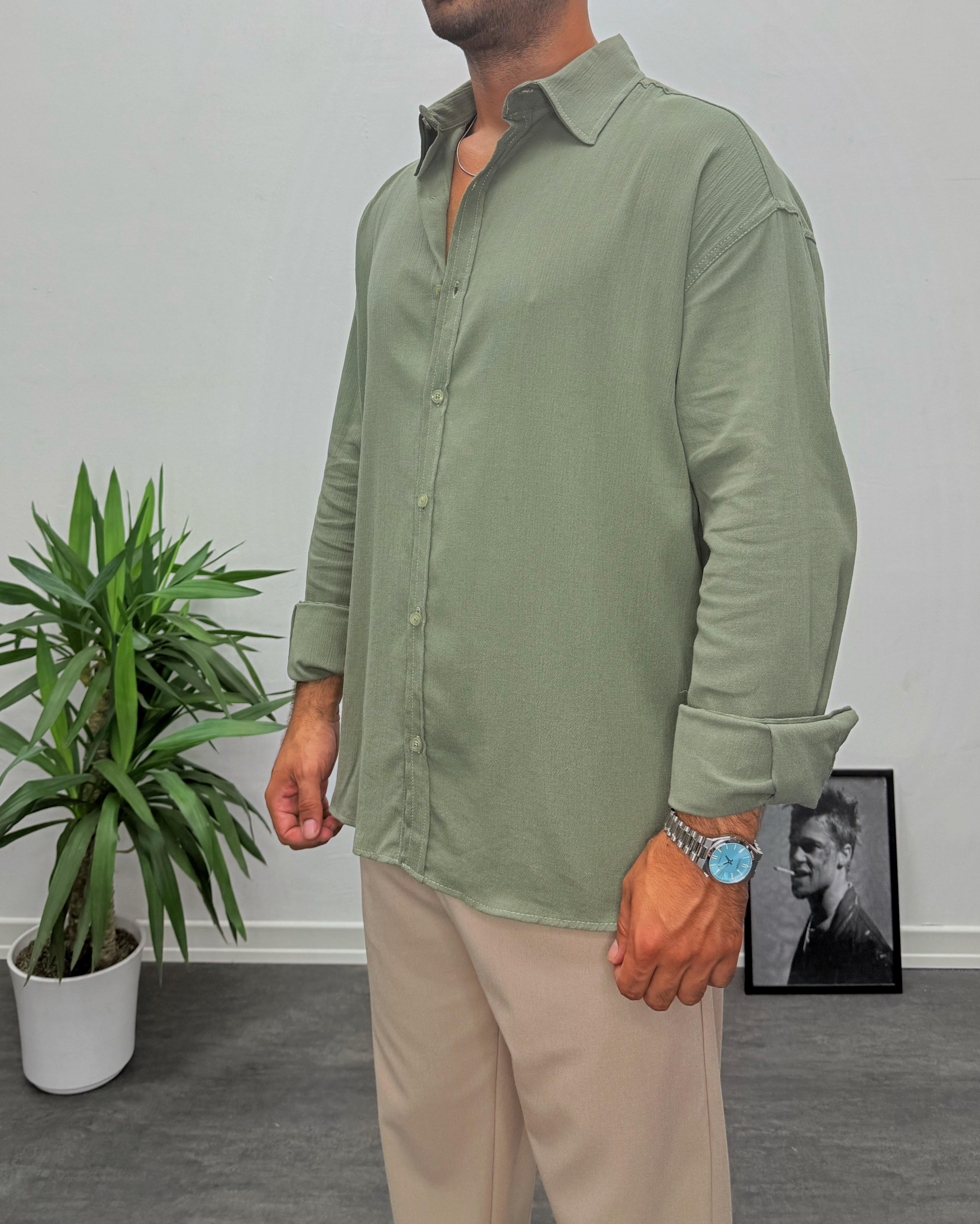 Haki Krinkıl Kumai Oversize Gömlek