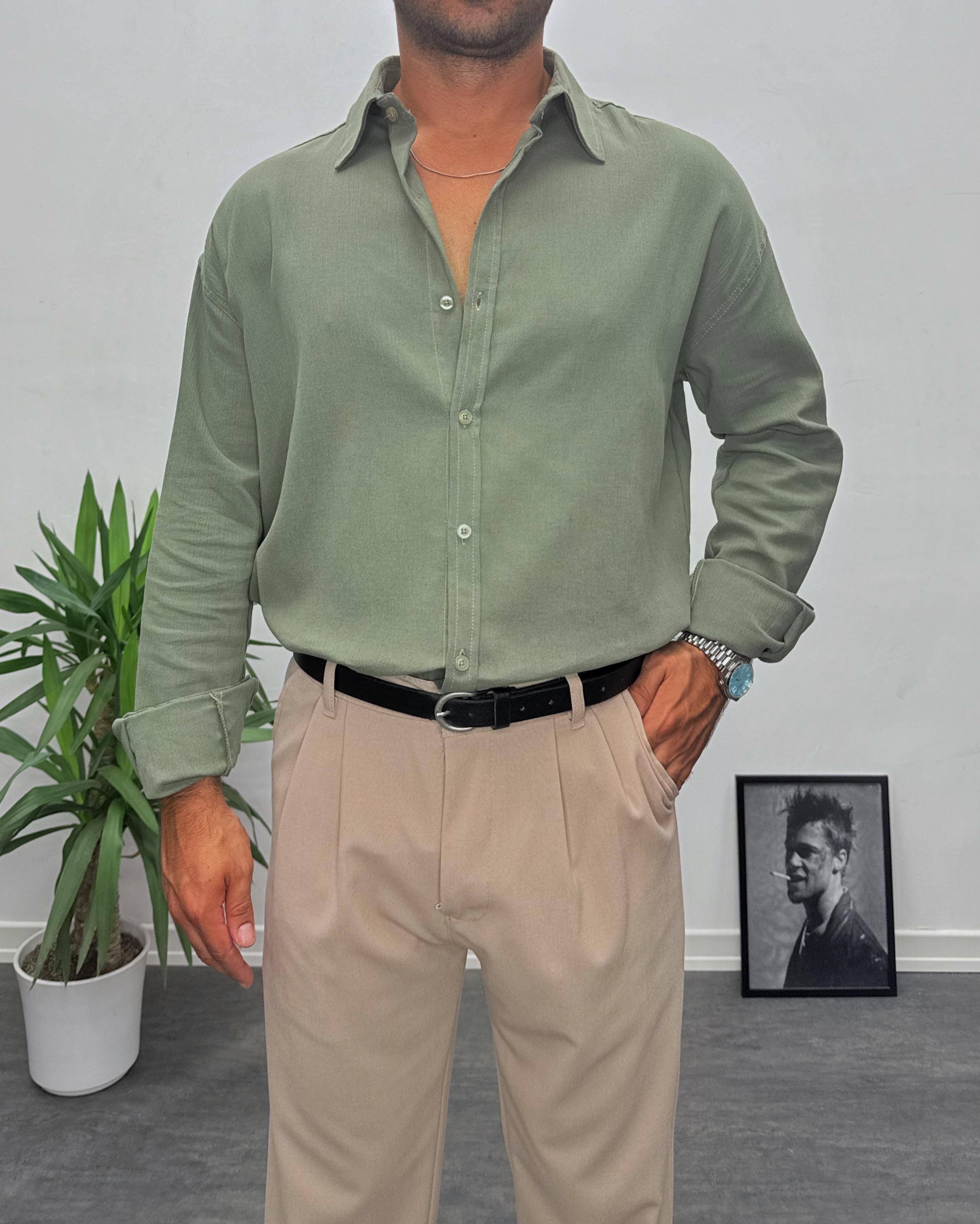 Haki Krinkıl Kumai Oversize Gömlek