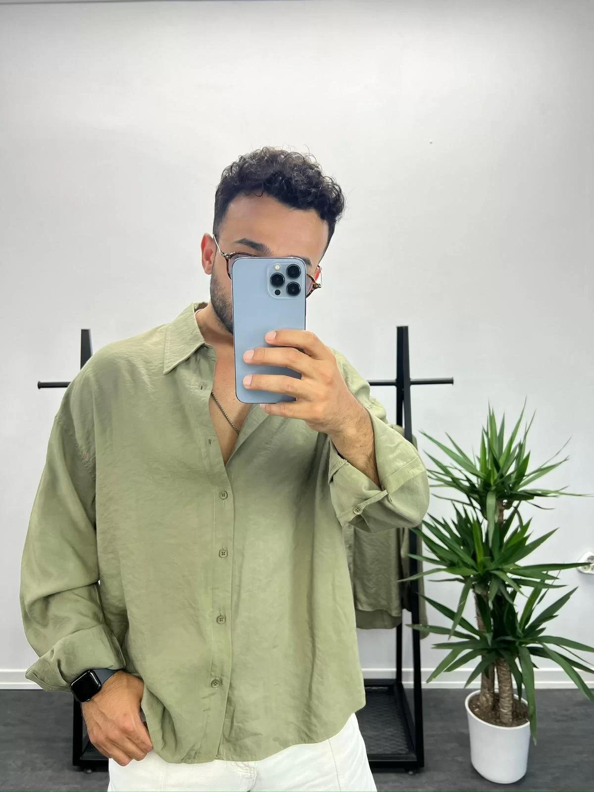 Haki Yeşil Tensel Kumaş Oversize Gömlek
