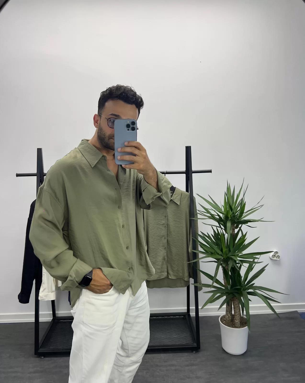Haki Yeşil Tensel Kumaş Oversize Gömlek